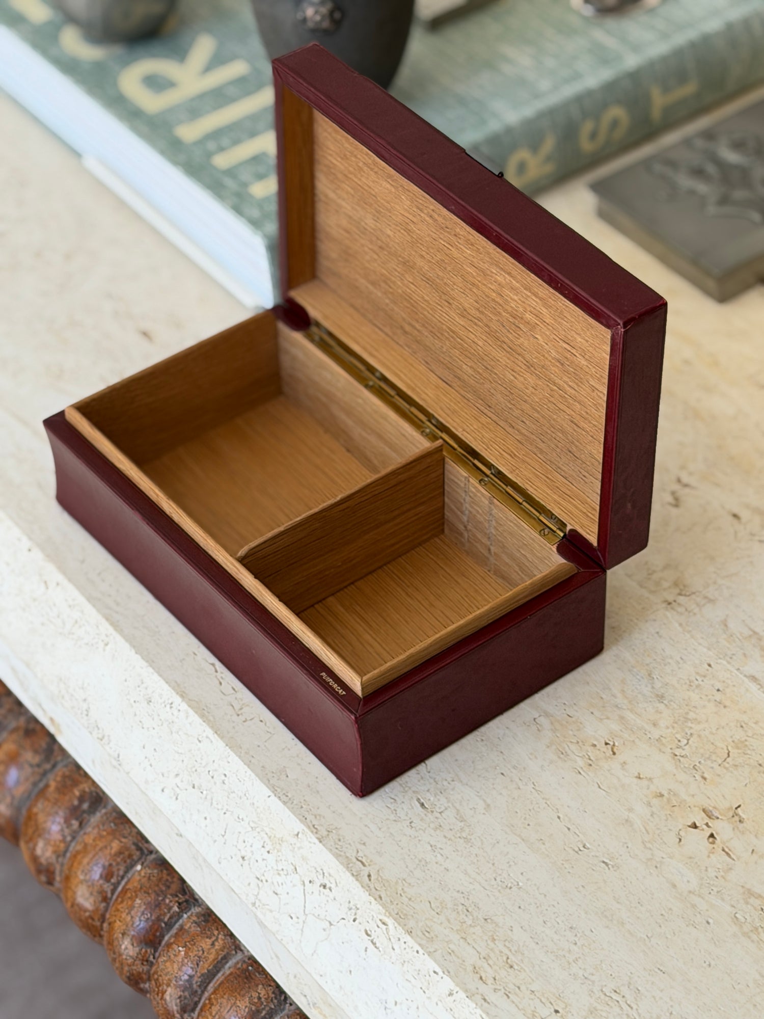 Collectors Gene open French Art Deco oxblood leather cigarette box showing two-section wood lined storage space