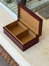 Collectors Gene open French Art Deco oxblood leather cigarette box showing two-section wood lined storage space