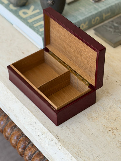 Collectors Gene open French Art Deco oxblood leather cigarette box showing two-section wood lined storage space