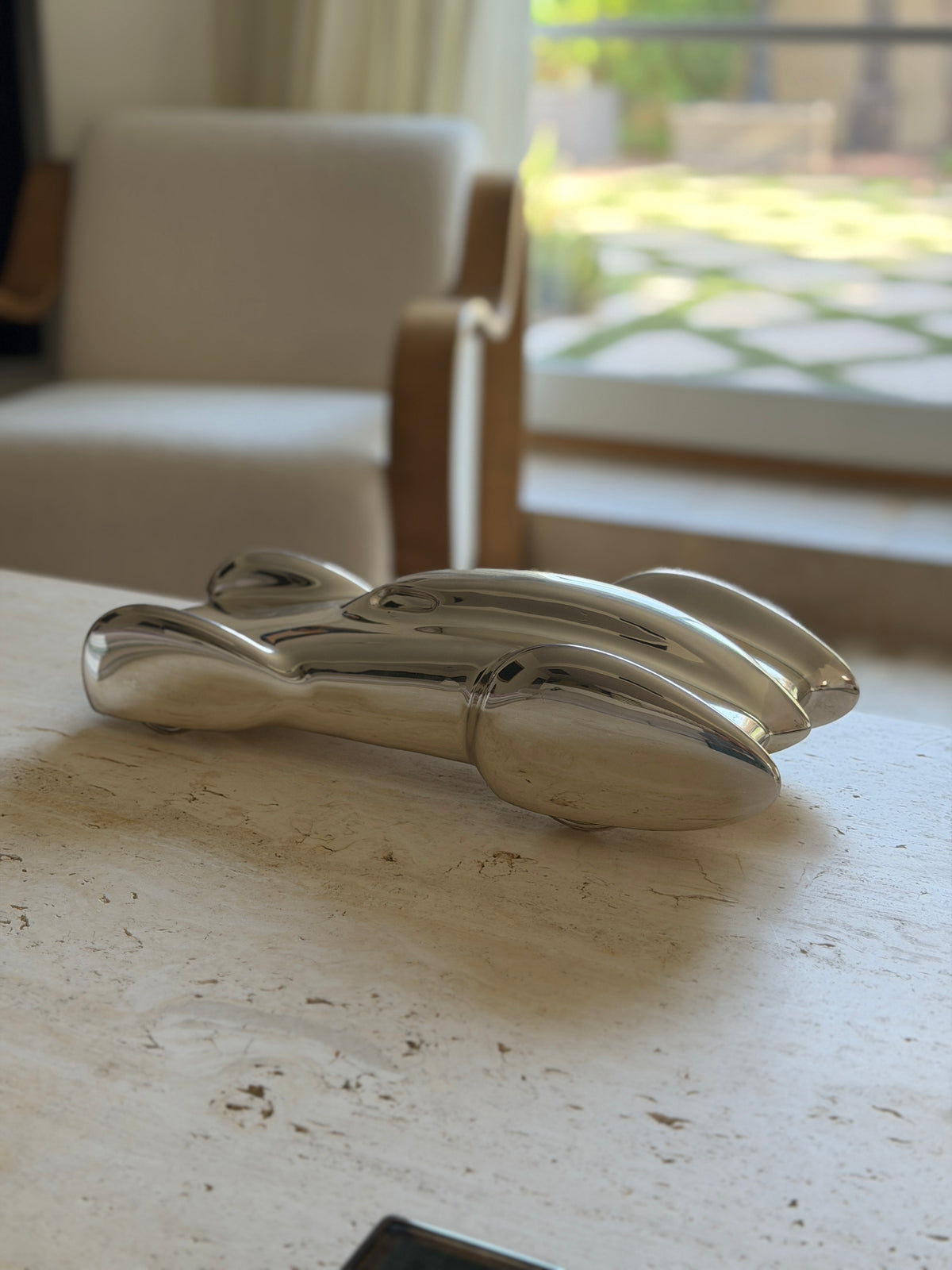 Low side view of the streamlined race car sculpture, its rounded fenders and cockpit reflecting a sunlit garden window behind