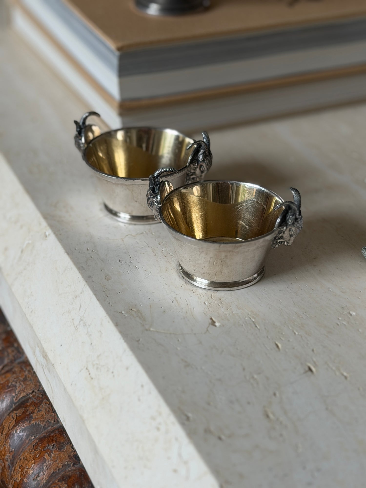 Ram s Head Salt Cellars in Silver Plate with Gilt Interior - Antique - c.1900 | Collectors Gene
