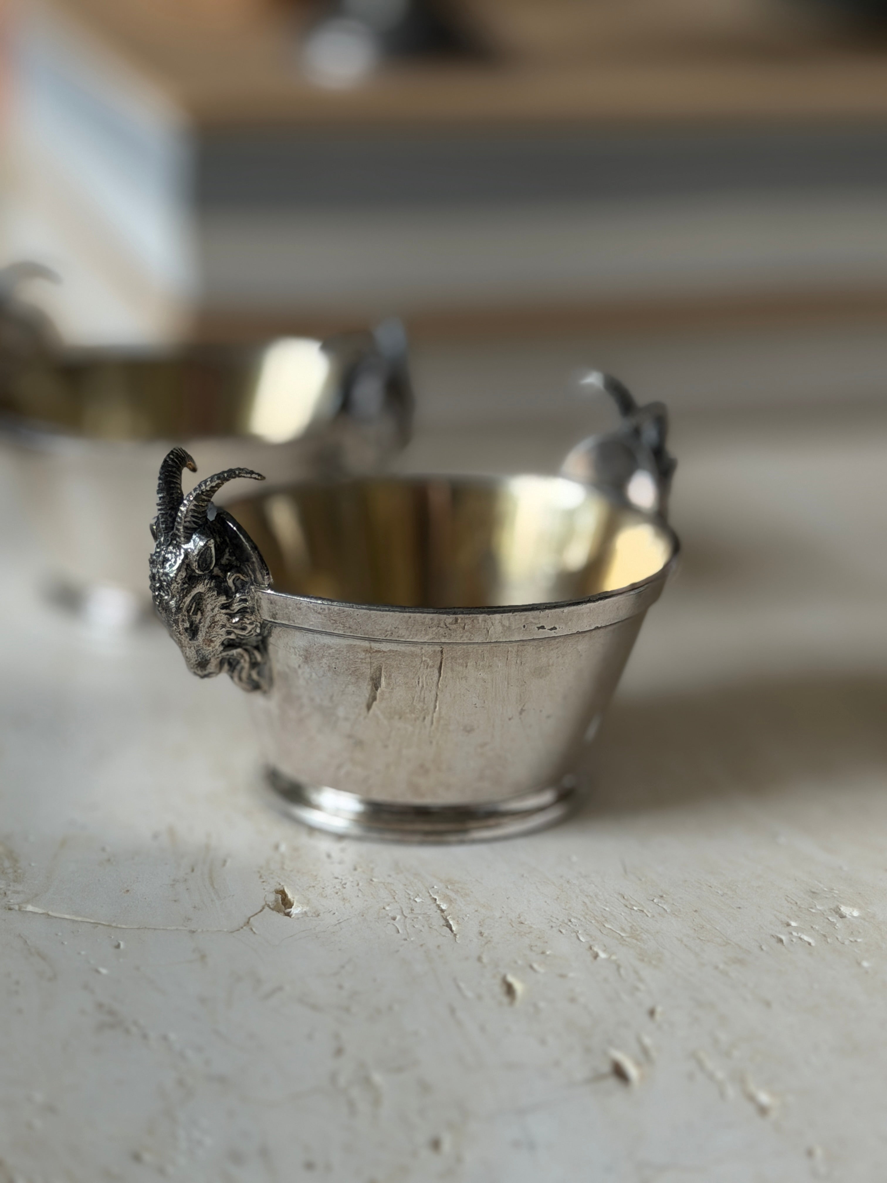 Ram s Head Salt Cellars in Silver Plate with Gilt Interior - Antique - c.1900 | Collectors Gene