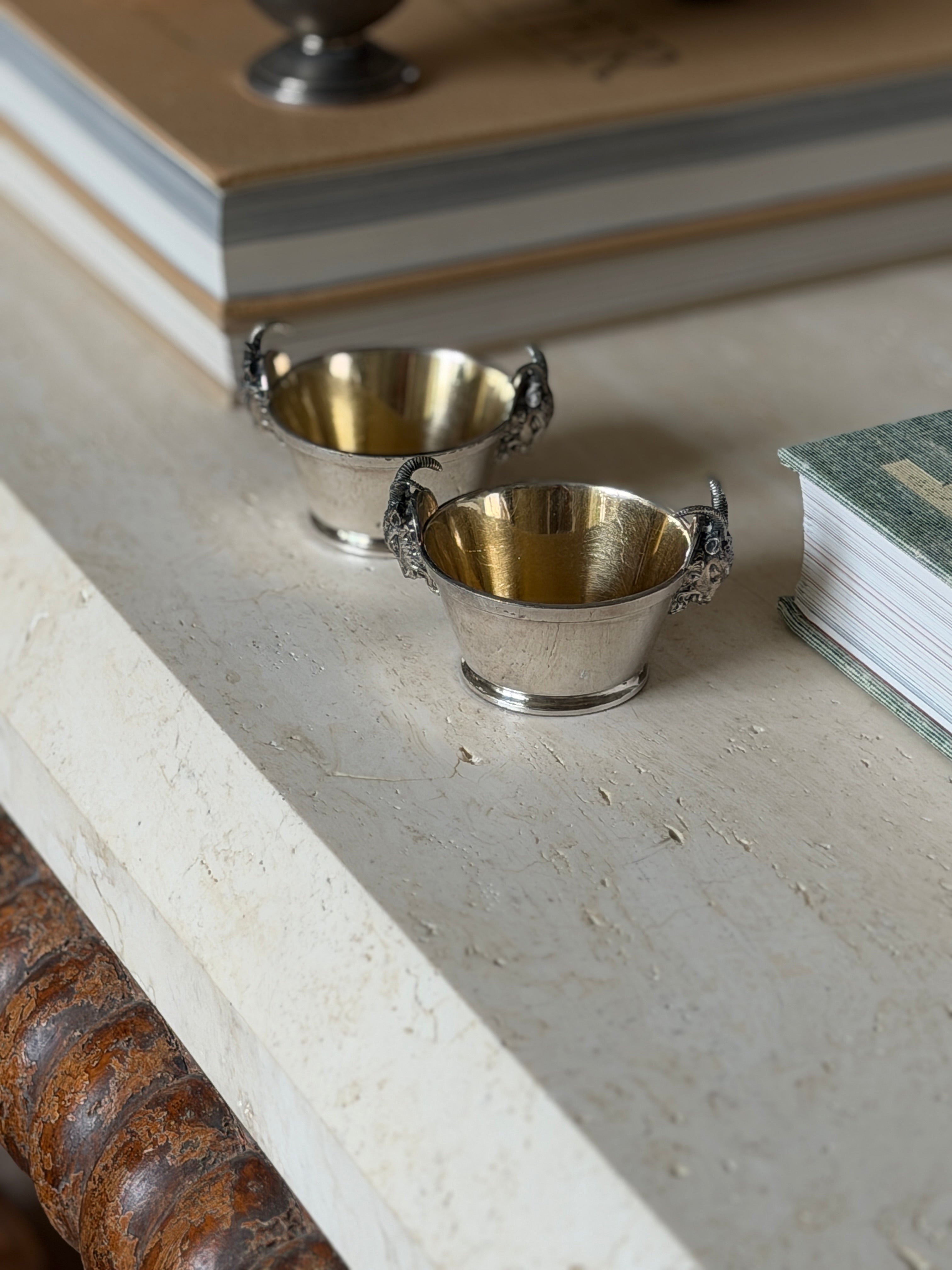 Ram s Head Salt Cellars in Silver Plate with Gilt Interior - Antique - c.1900 | Collectors Gene
