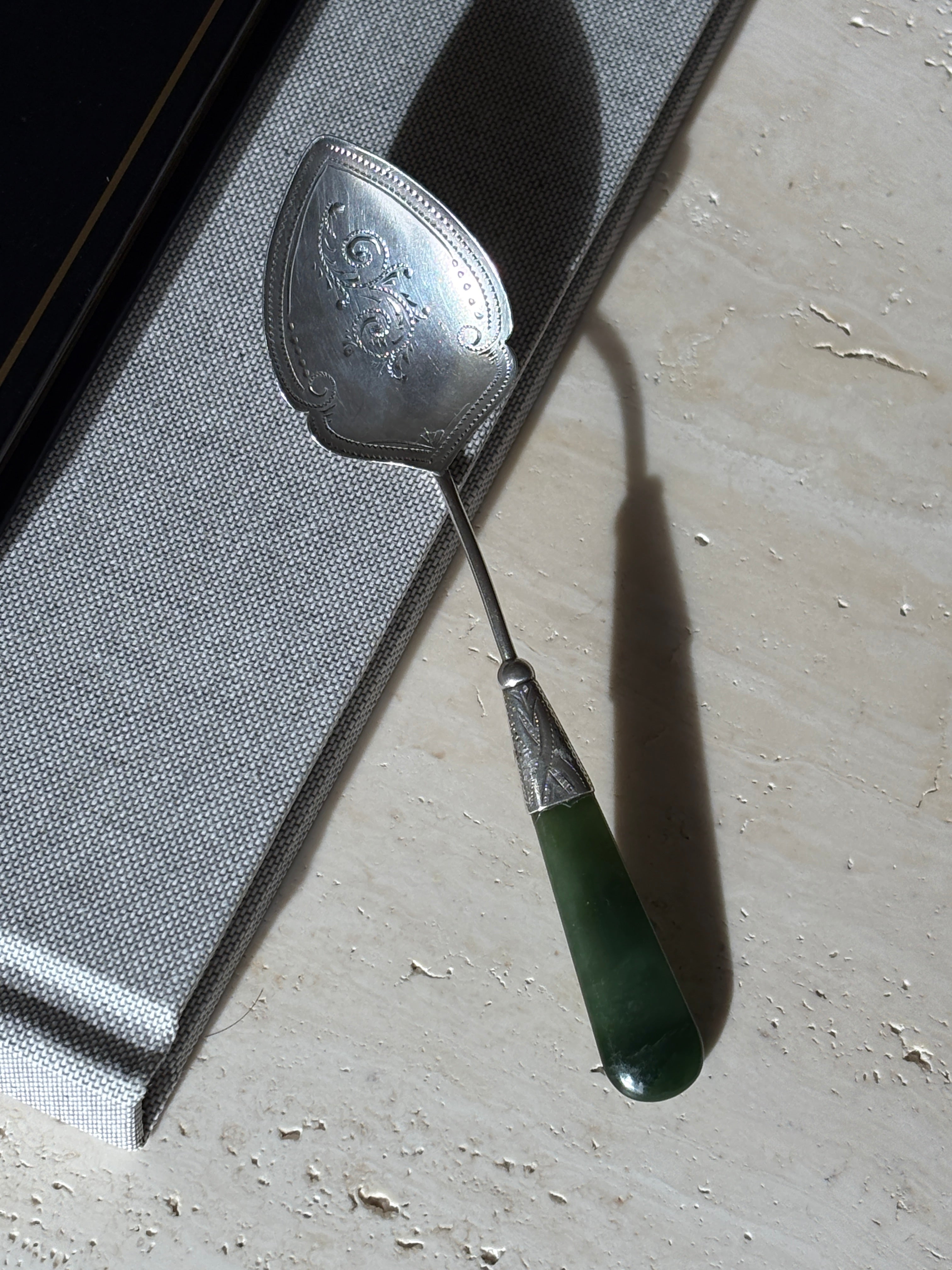 Silver Hand Engraved &amp; Jade Handled Preserve Jam Spoon by Adie &amp; Lovekin - Chester c. Early 1900s | Collectors Gene