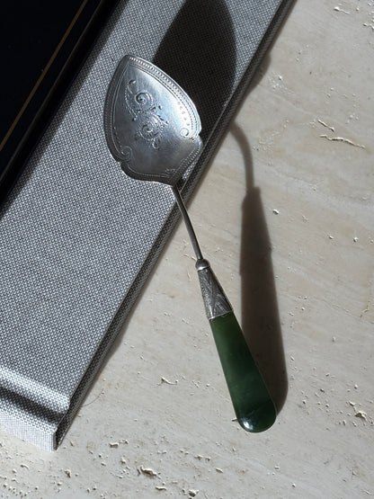 Silver Hand Engraved &amp; Jade Handled Preserve Jam Spoon by Adie &amp; Lovekin - Chester c. Early 1900s | Collectors Gene