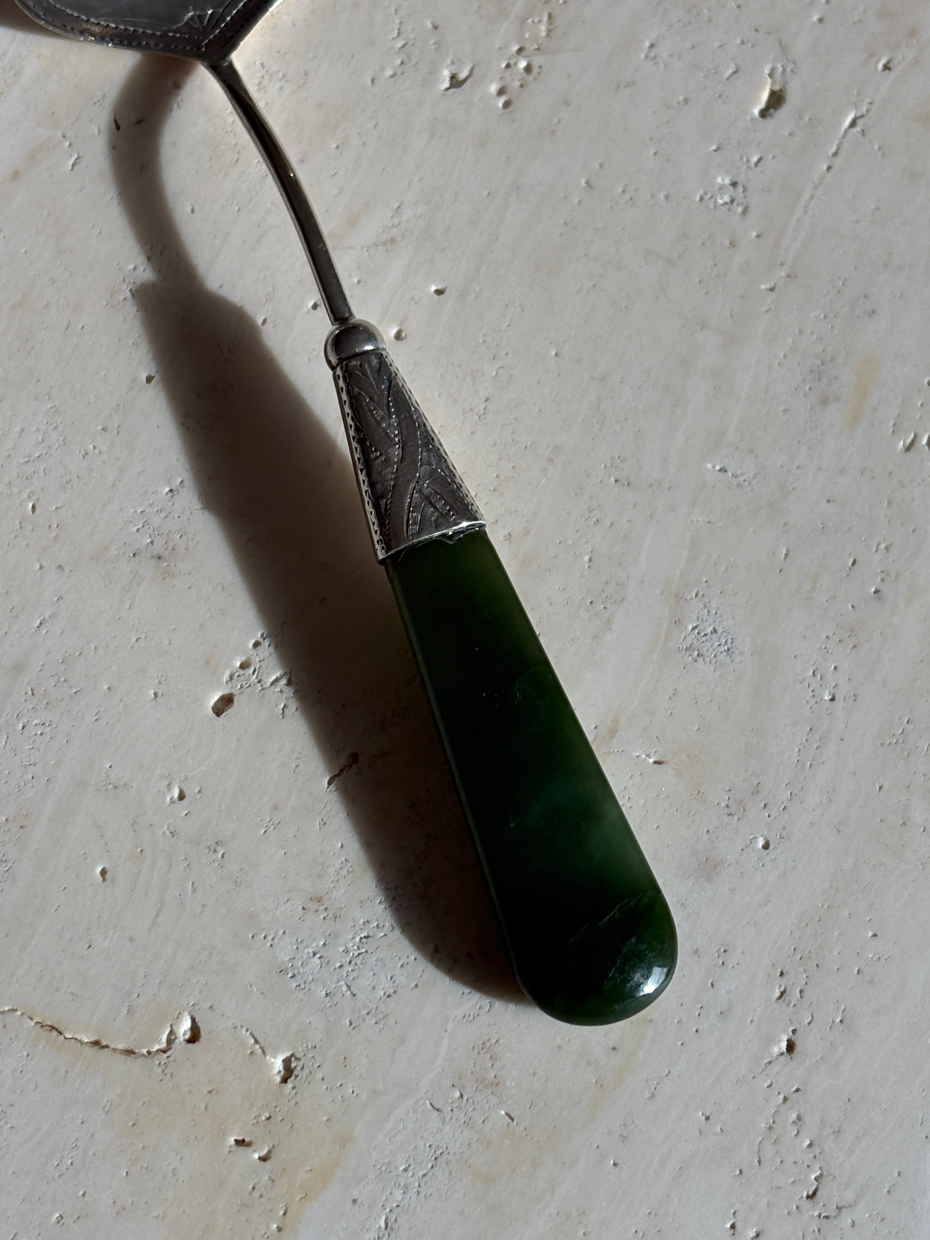 Silver Hand Engraved &amp; Jade Handled Preserve Jam Spoon by Adie &amp; Lovekin - Chester c. Early 1900s | Collectors Gene