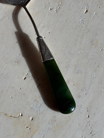 Silver Hand Engraved &amp; Jade Handled Preserve Jam Spoon by Adie &amp; Lovekin - Chester c. Early 1900s | Collectors Gene