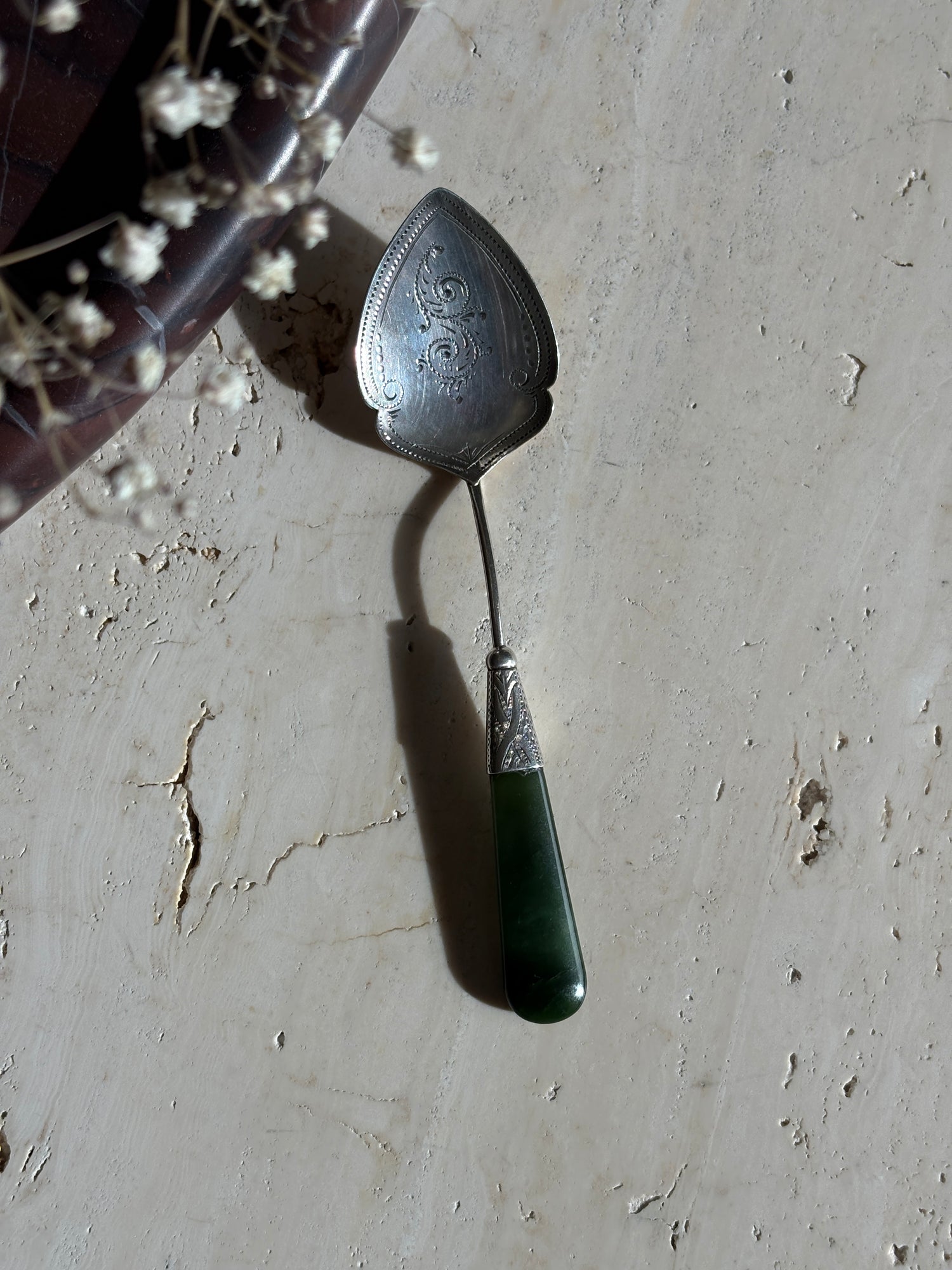 Silver Hand Engraved &amp; Jade Handled Preserve Jam Spoon by Adie &amp; Lovekin - Chester c. Early 1900s | Collectors Gene