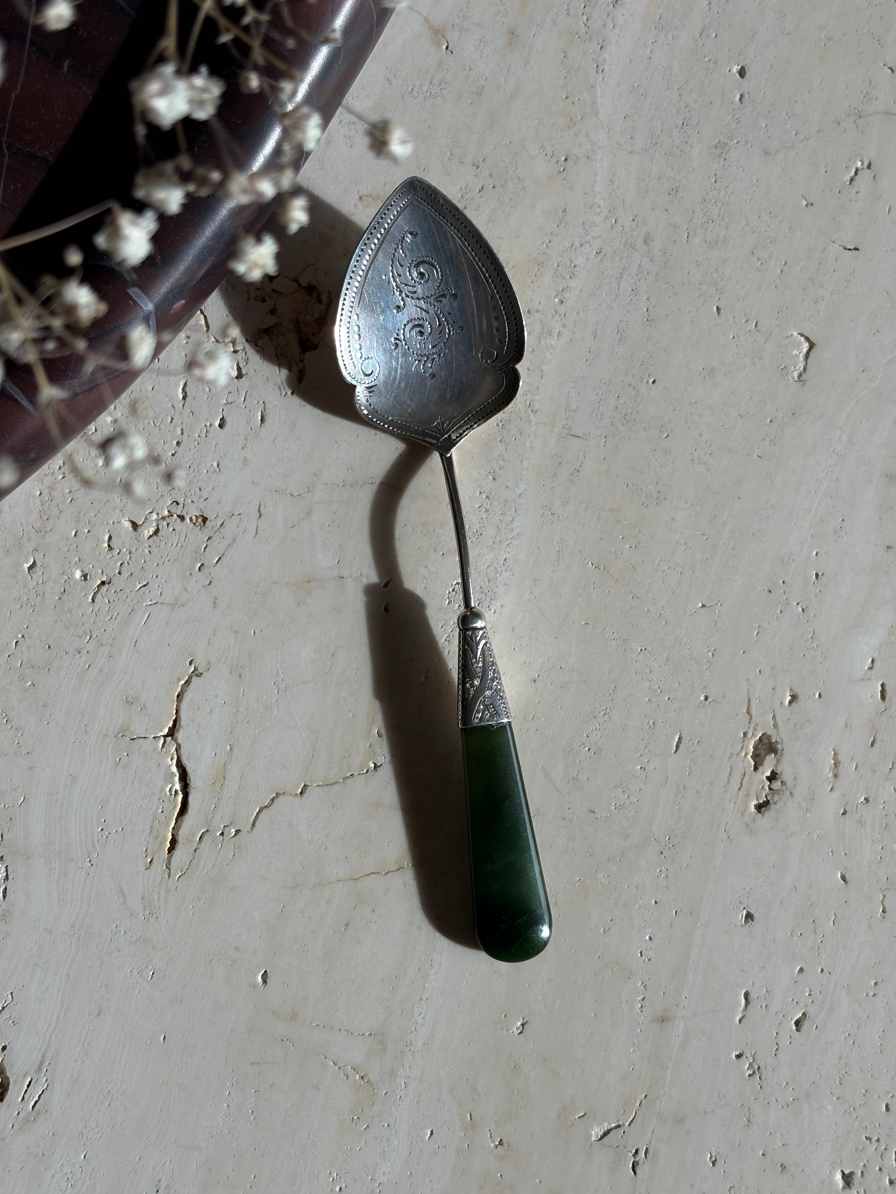 Silver Hand Engraved &amp; Jade Handled Preserve Jam Spoon by Adie &amp; Lovekin - Chester c. Early 1900s | Collectors Gene