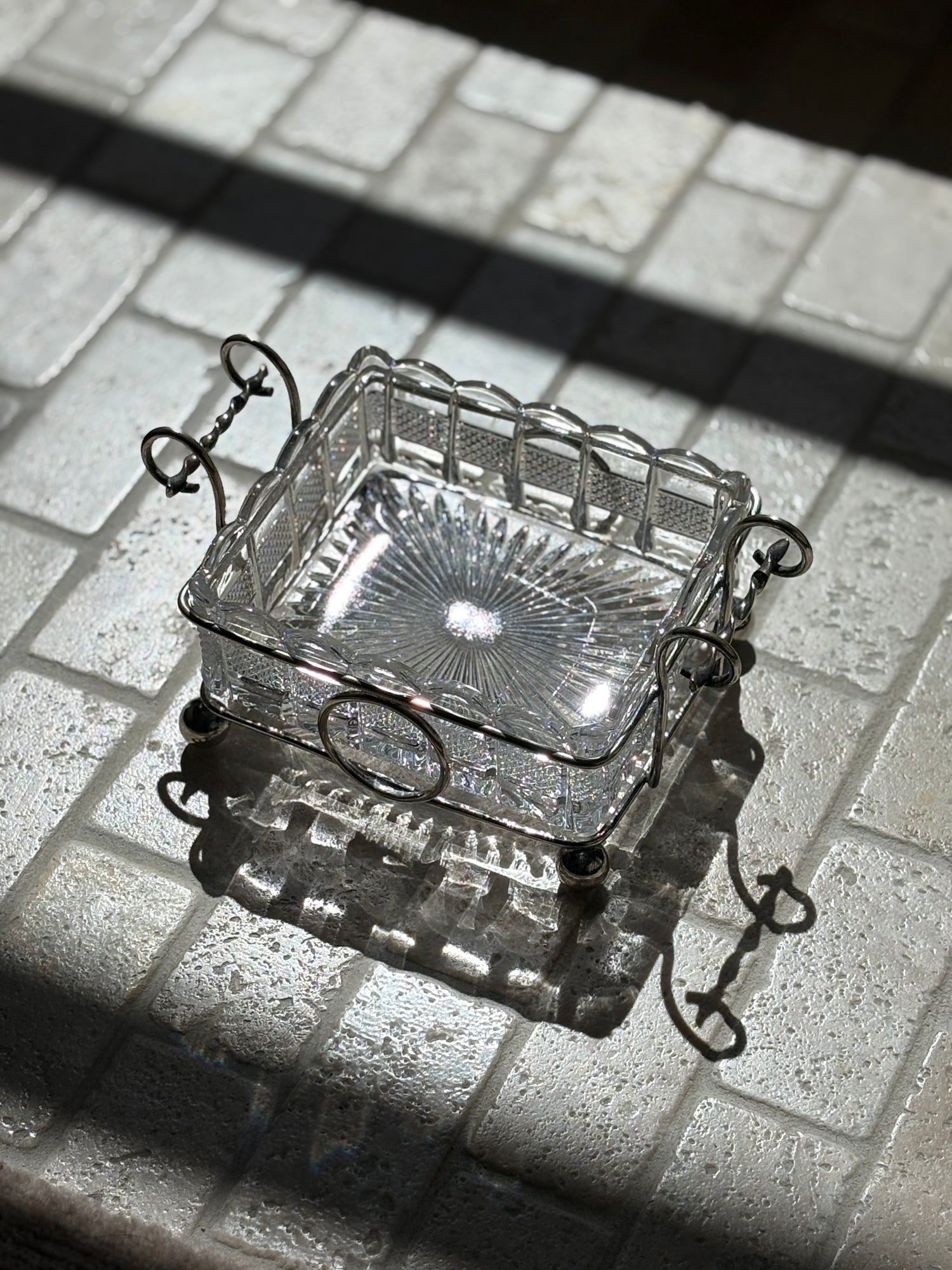 Silver Plated Cut Glass Lined Serving Dish with Ball Feet and Twist Handles | Collectors Gene