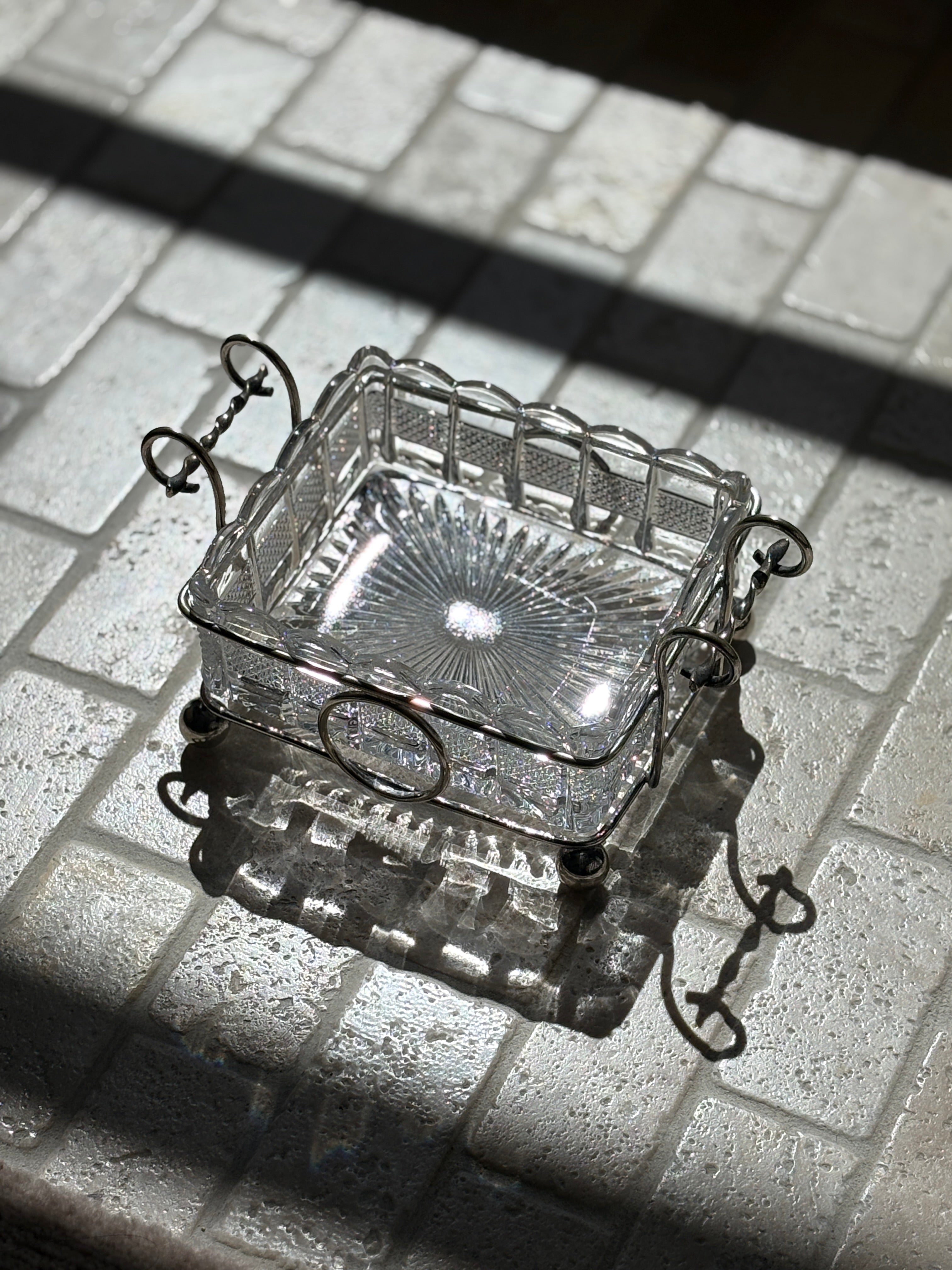 Silver Plated Cut Glass Lined Serving Dish with Ball Feet and Twist Handles | Collectors Gene