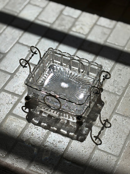 Silver Plated Cut Glass Lined Serving Dish with Ball Feet and Twist Handles | Collectors Gene
