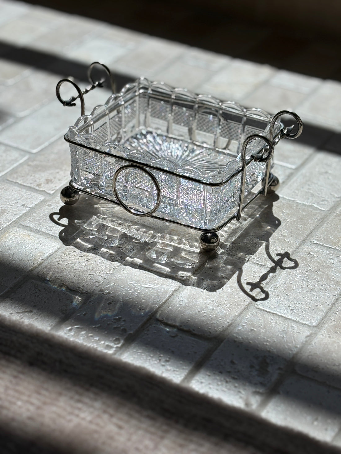 Silver Plated Cut Glass Lined Serving Dish with Ball Feet and Twist Handles | Collectors Gene