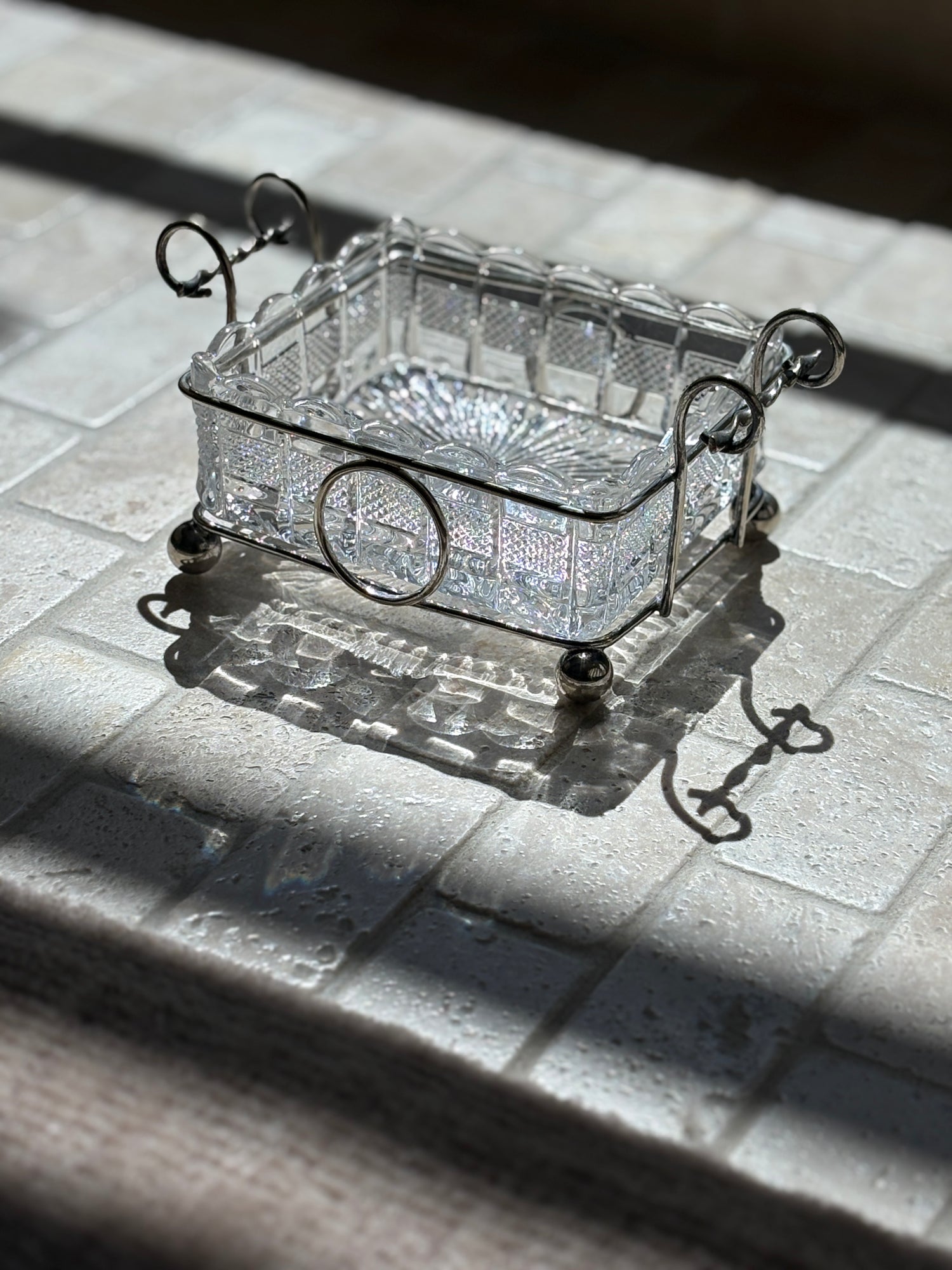 Silver Plated Cut Glass Lined Serving Dish with Ball Feet and Twist Handles | Collectors Gene