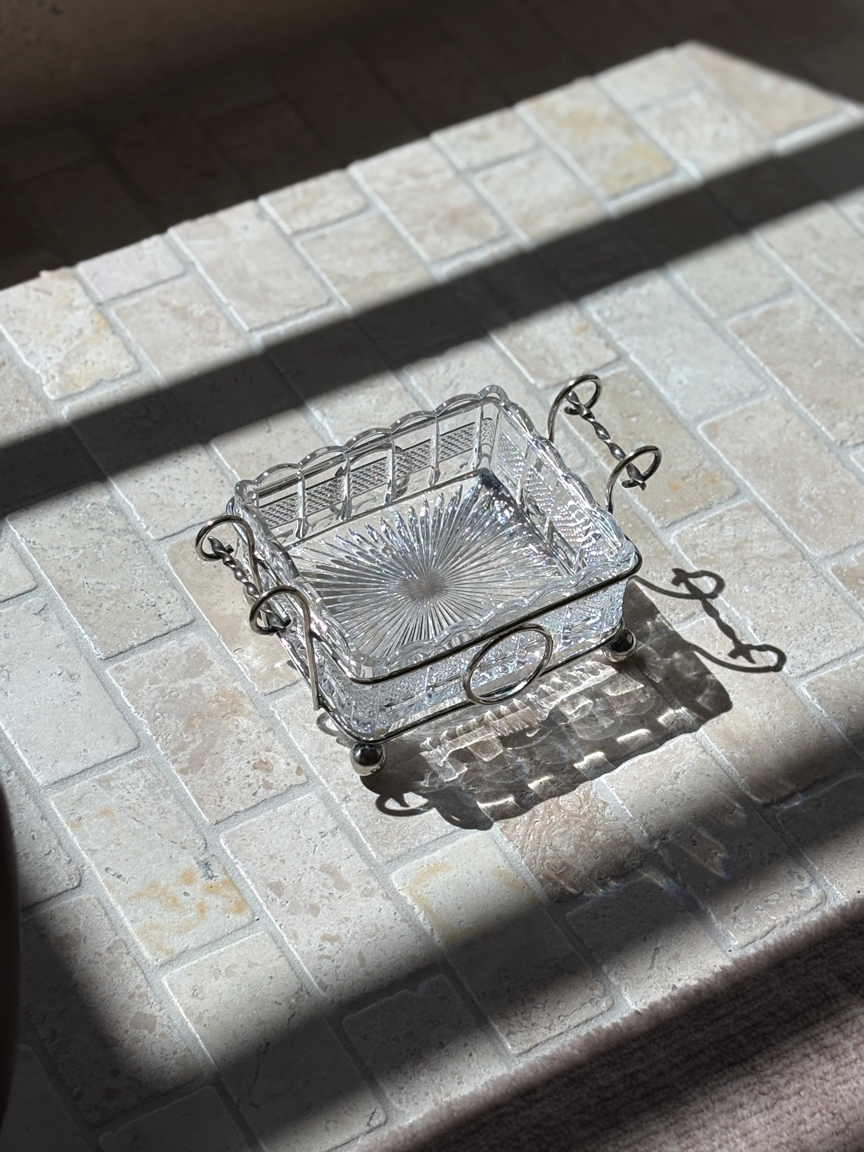 Silver Plated Cut Glass Lined Serving Dish with Ball Feet and Twist Handles | Collectors Gene