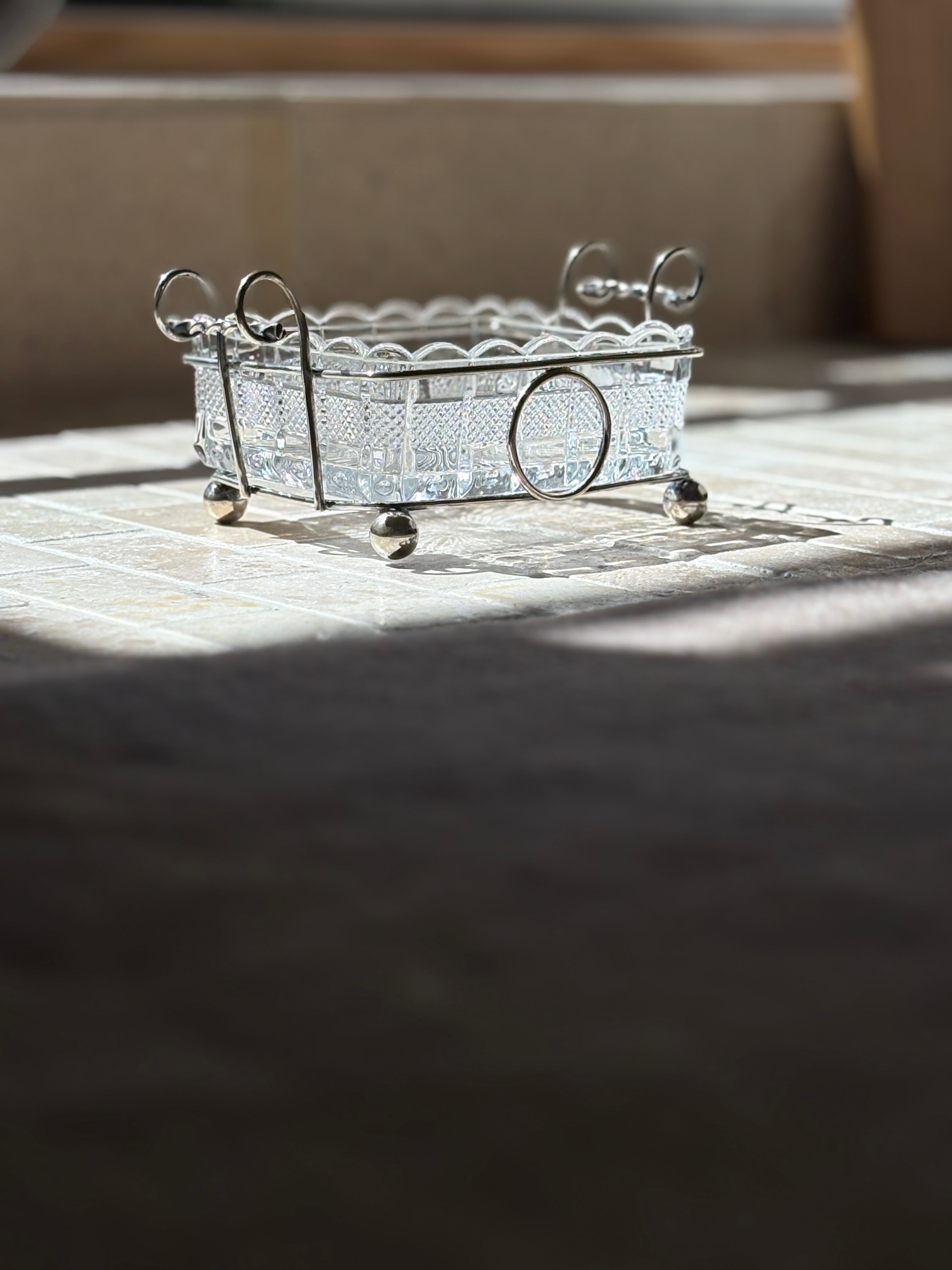 Silver Plated Cut Glass Lined Serving Dish with Ball Feet and Twist Handles | Collectors Gene