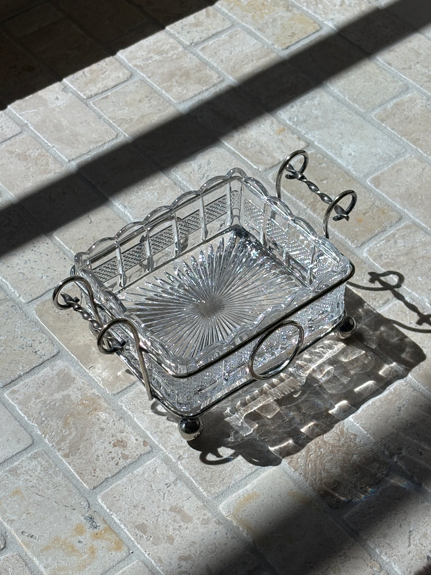 Silver Plated Cut Glass Lined Serving Dish with Ball Feet and Twist Handles | Collectors Gene