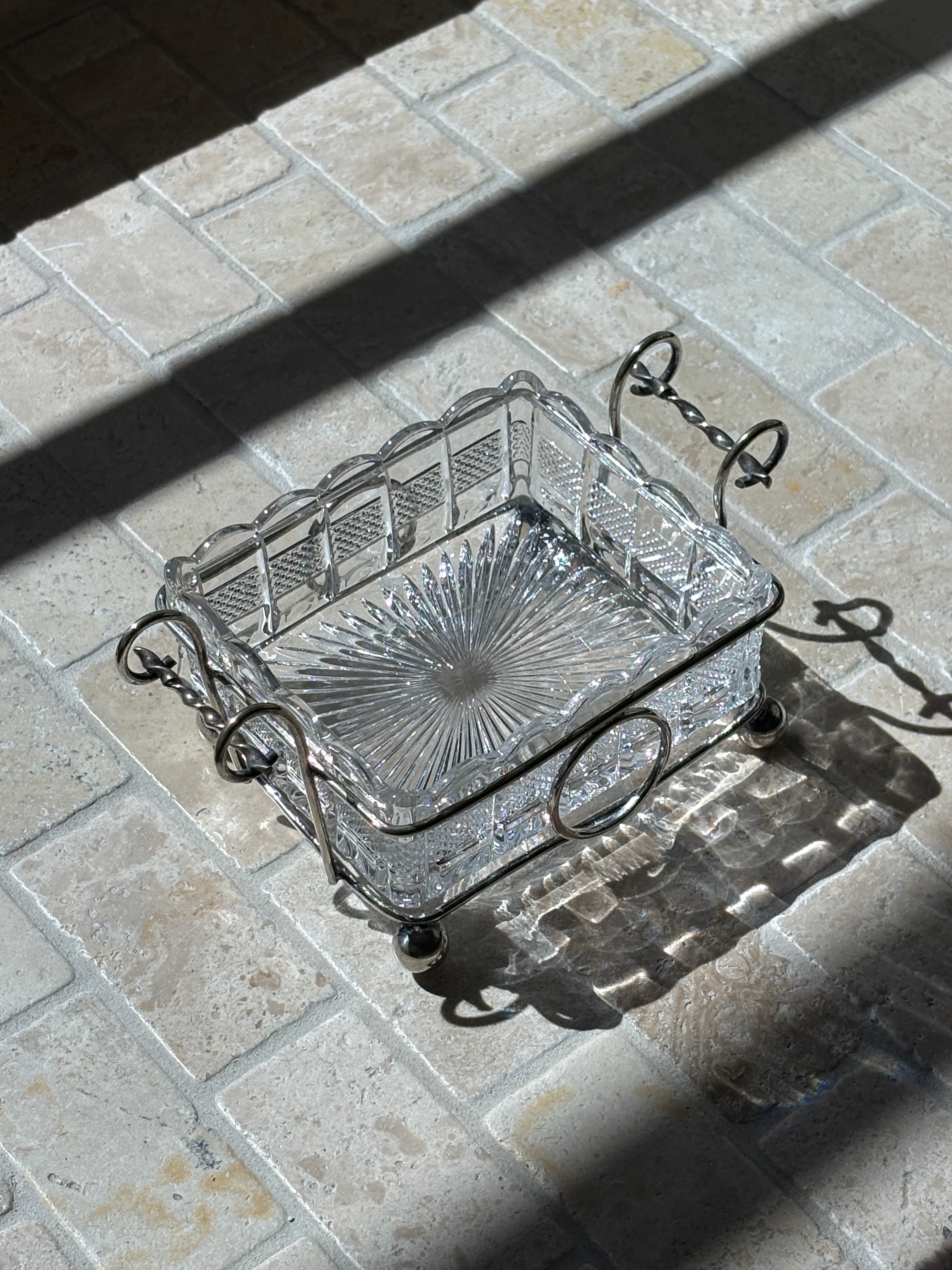 Silver Plated Cut Glass Lined Serving Dish with Ball Feet and Twist Handles | Collectors Gene