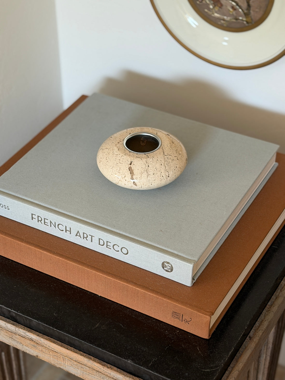 High angle view of small vintage c.1970 Italian carved travertine vide poche catchall vessel by Collectors Gene