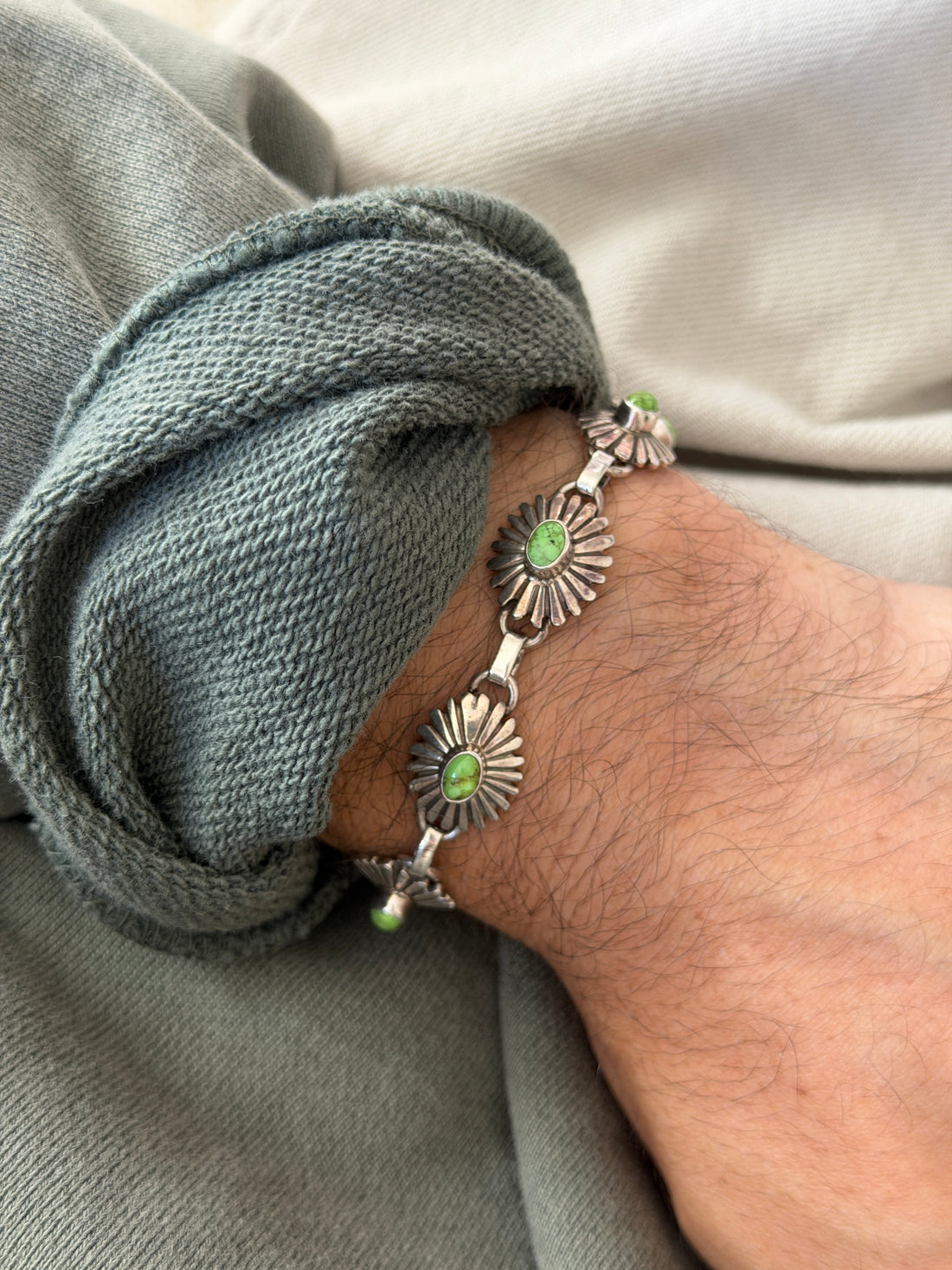 Southwestern Sterling Silver Green Turquoise Concho Bracelet | Collectors Gene