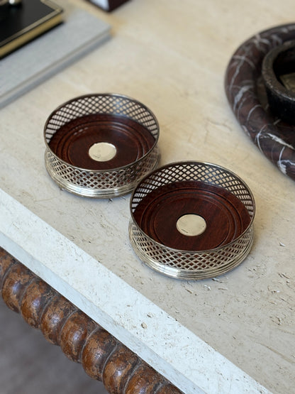 Sterling Silver Pierced Bottle Coaster with Turned Wood Base | Collectors Gene