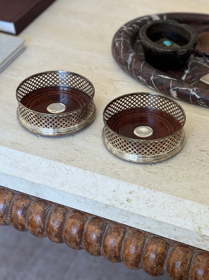 Sterling Silver Pierced Bottle Coaster with Turned Wood Base | Collectors Gene