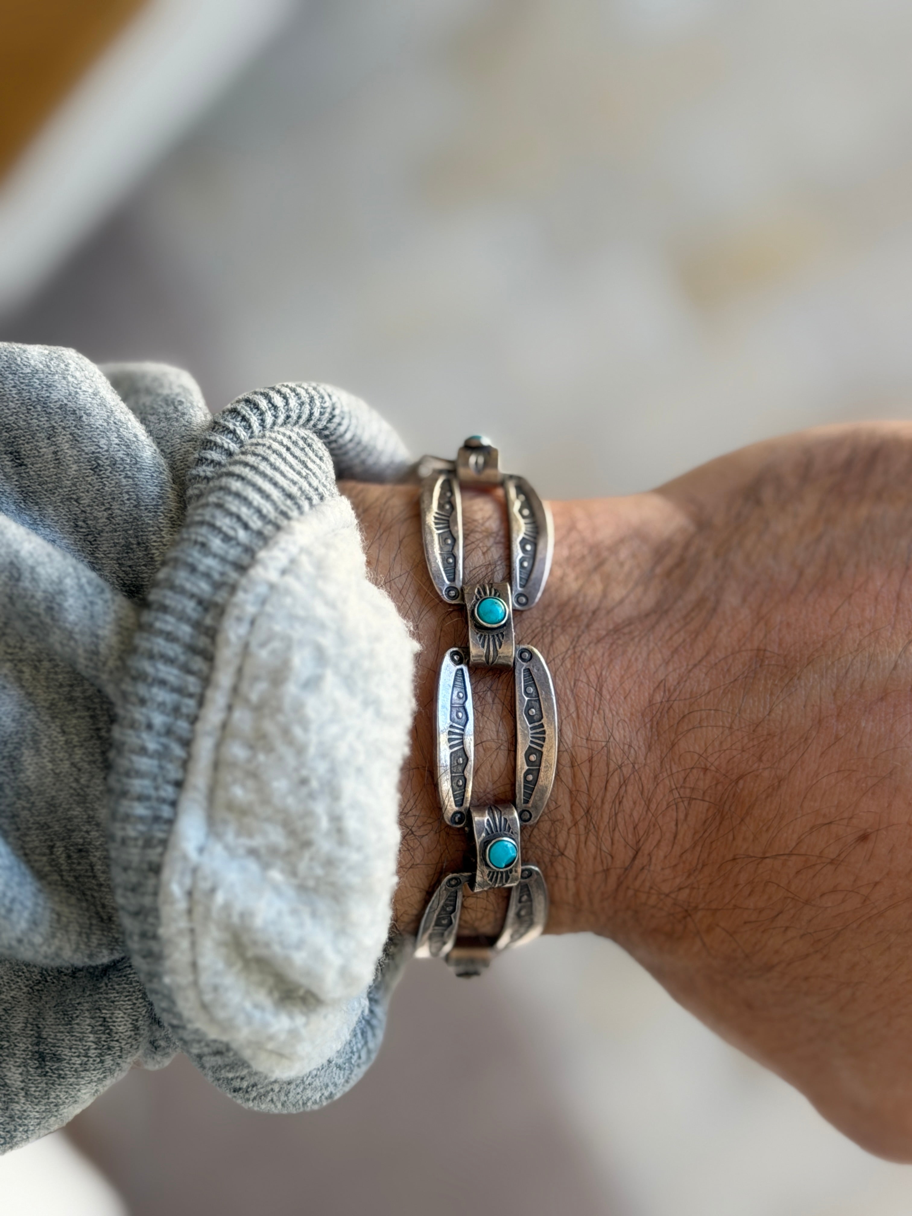 Sterling Silver Turquoise Cabochon Native American Stamped Link Bracelet | Collectors Gene