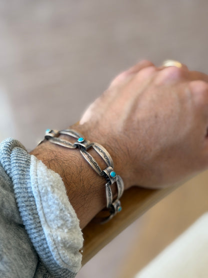 Sterling Silver Turquoise Cabochon Native American Stamped Link Bracelet | Collectors Gene