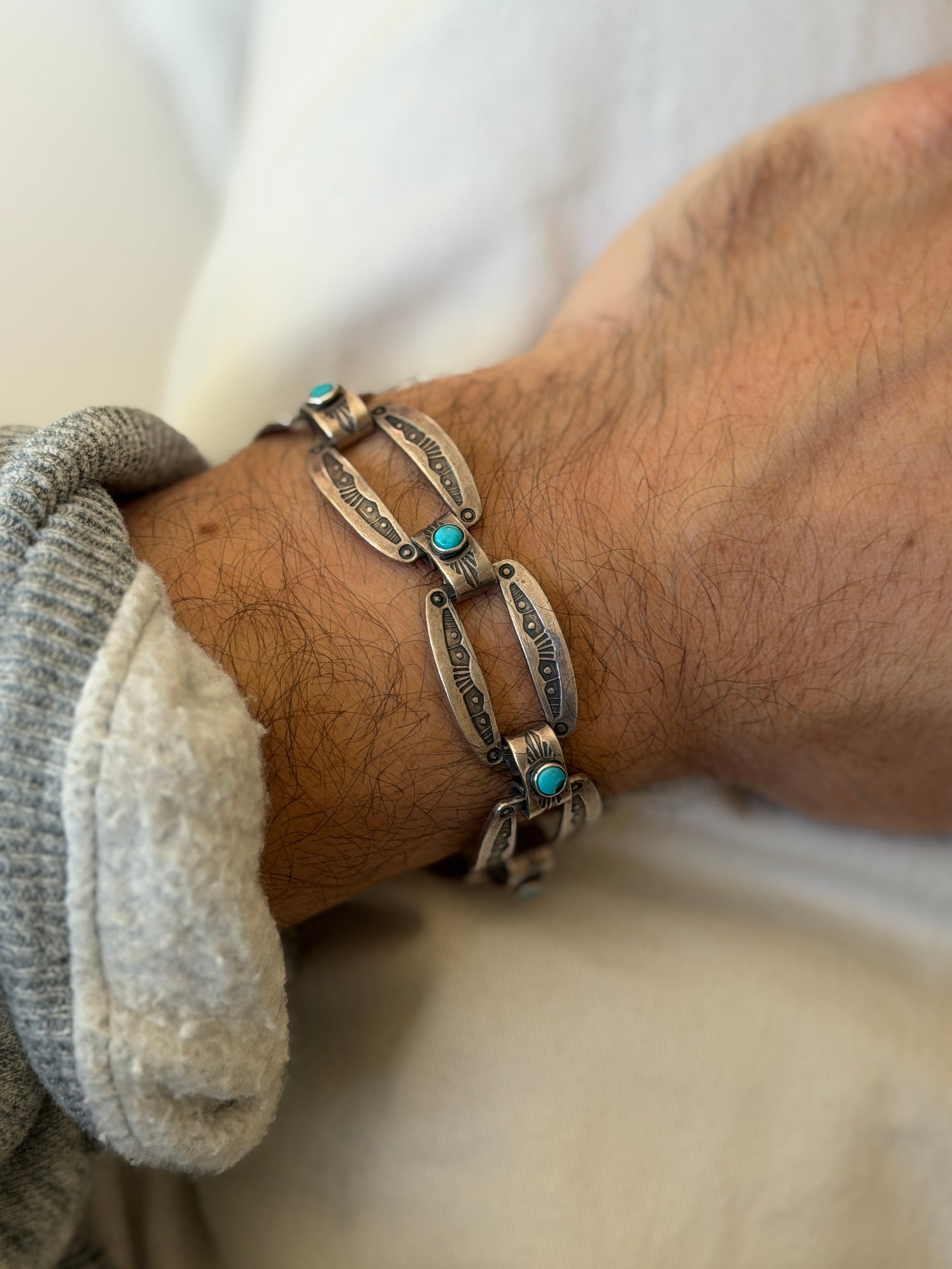 Sterling Silver Turquoise Cabochon Native American Stamped Link Bracelet | Collectors Gene