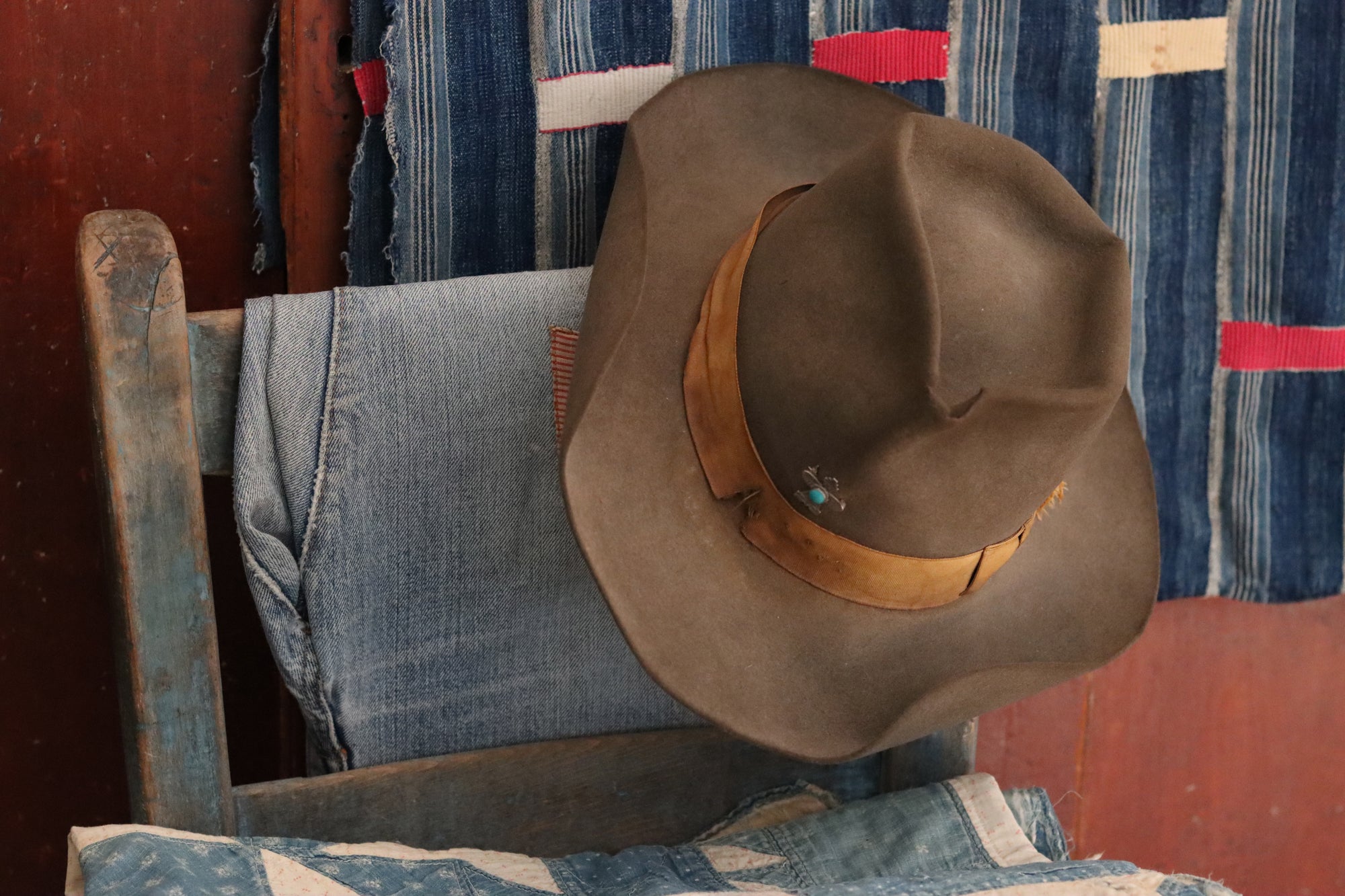 Tan Cowboy Style Hat with Wing Dancer Pin 3