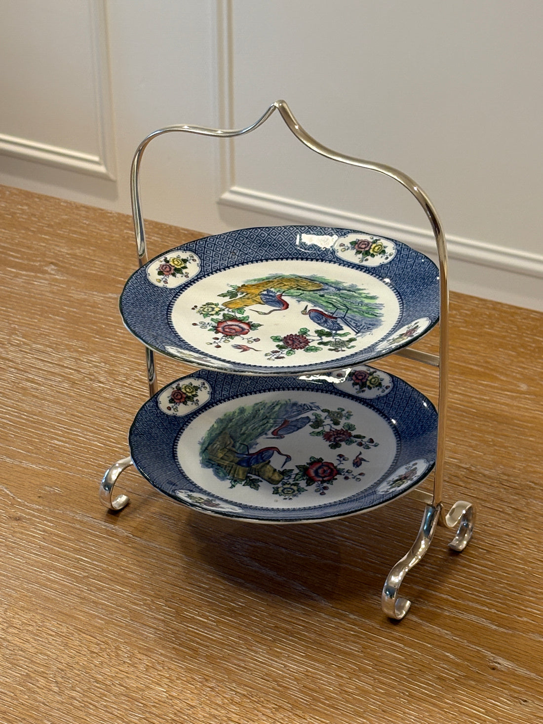 Tiered Silver Serving Stand with Chinoiserie Plates C. 1920 | Collectors Gene