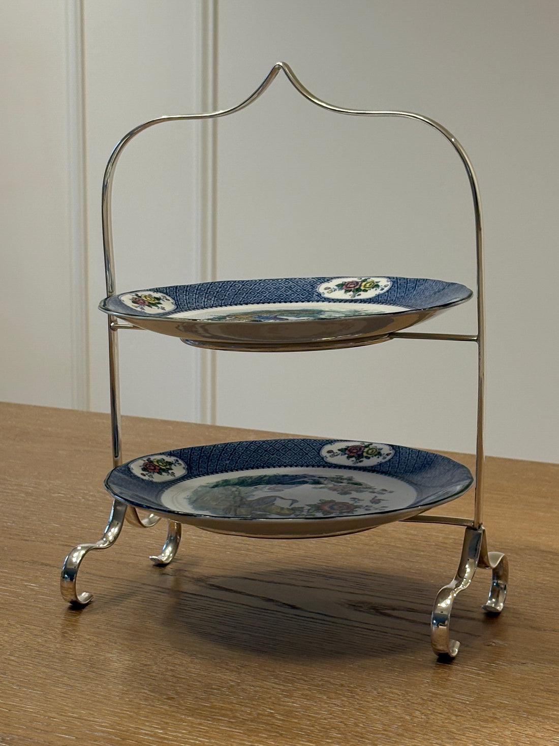 Tiered Silver Serving Stand with Chinoiserie Plates C. 1920 | Collectors Gene