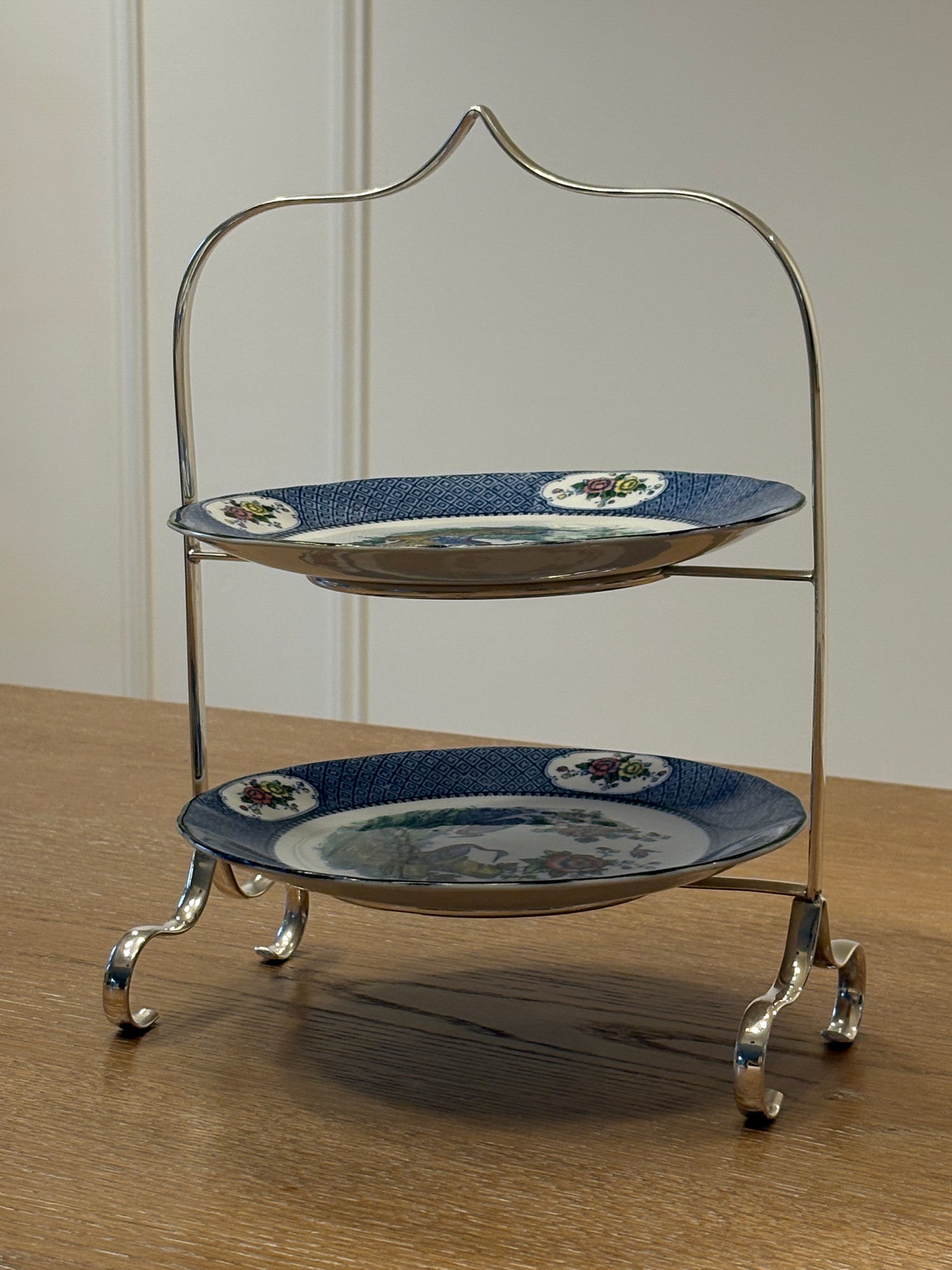 Tiered Silver Serving Stand with Chinoiserie Plates C. 1920 | Collectors Gene