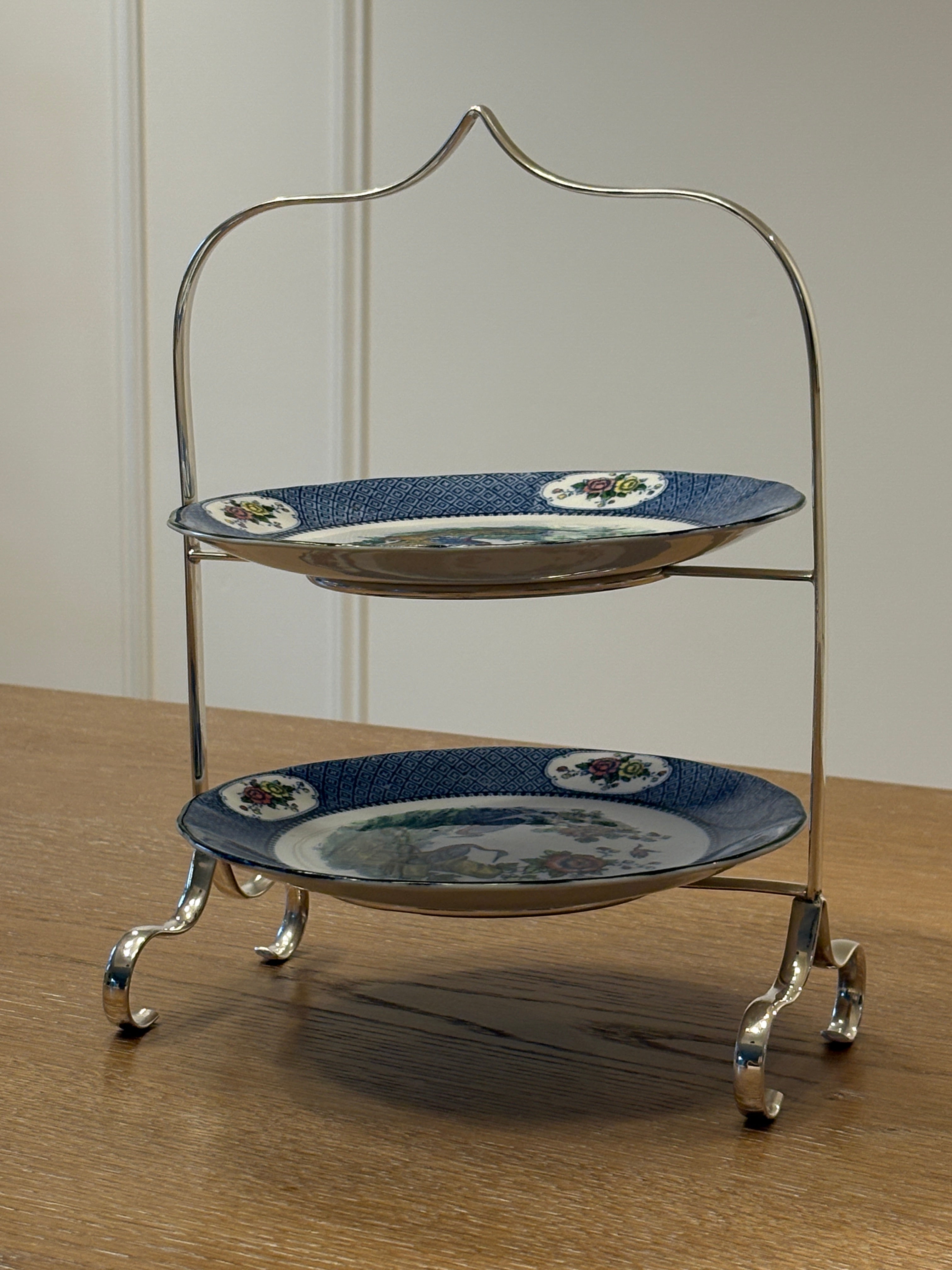Tiered Silver Serving Stand with Chinoiserie Plates C. 1920 | Collectors Gene