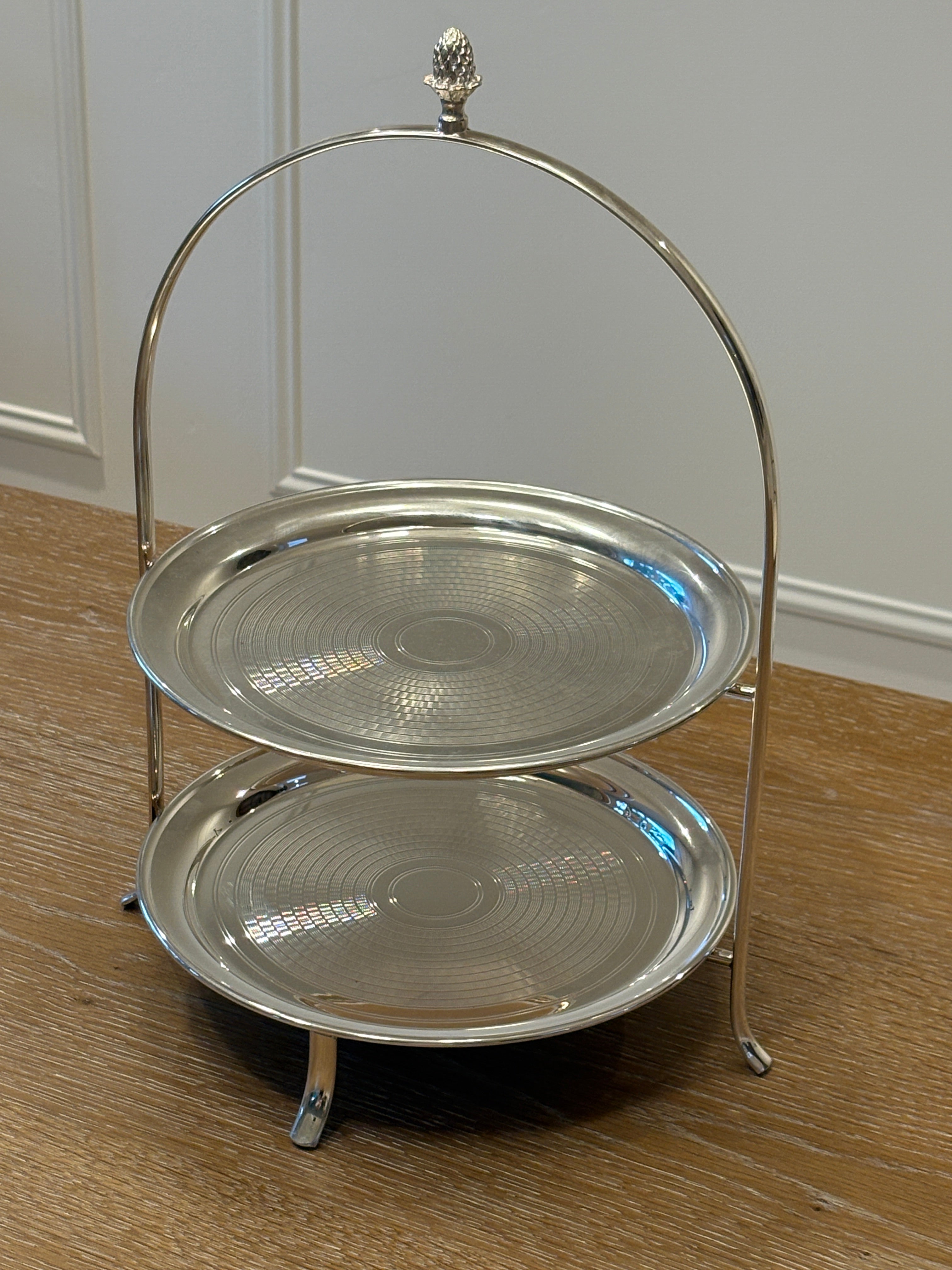 Tiered Silver Serving Stand with Engine Turned Plates and Acorn Finial C. 1960&