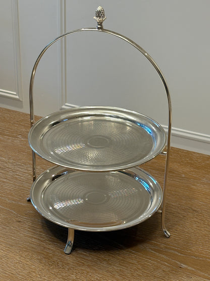 Tiered Silver Serving Stand with Engine Turned Plates and Acorn Finial C. 1960&