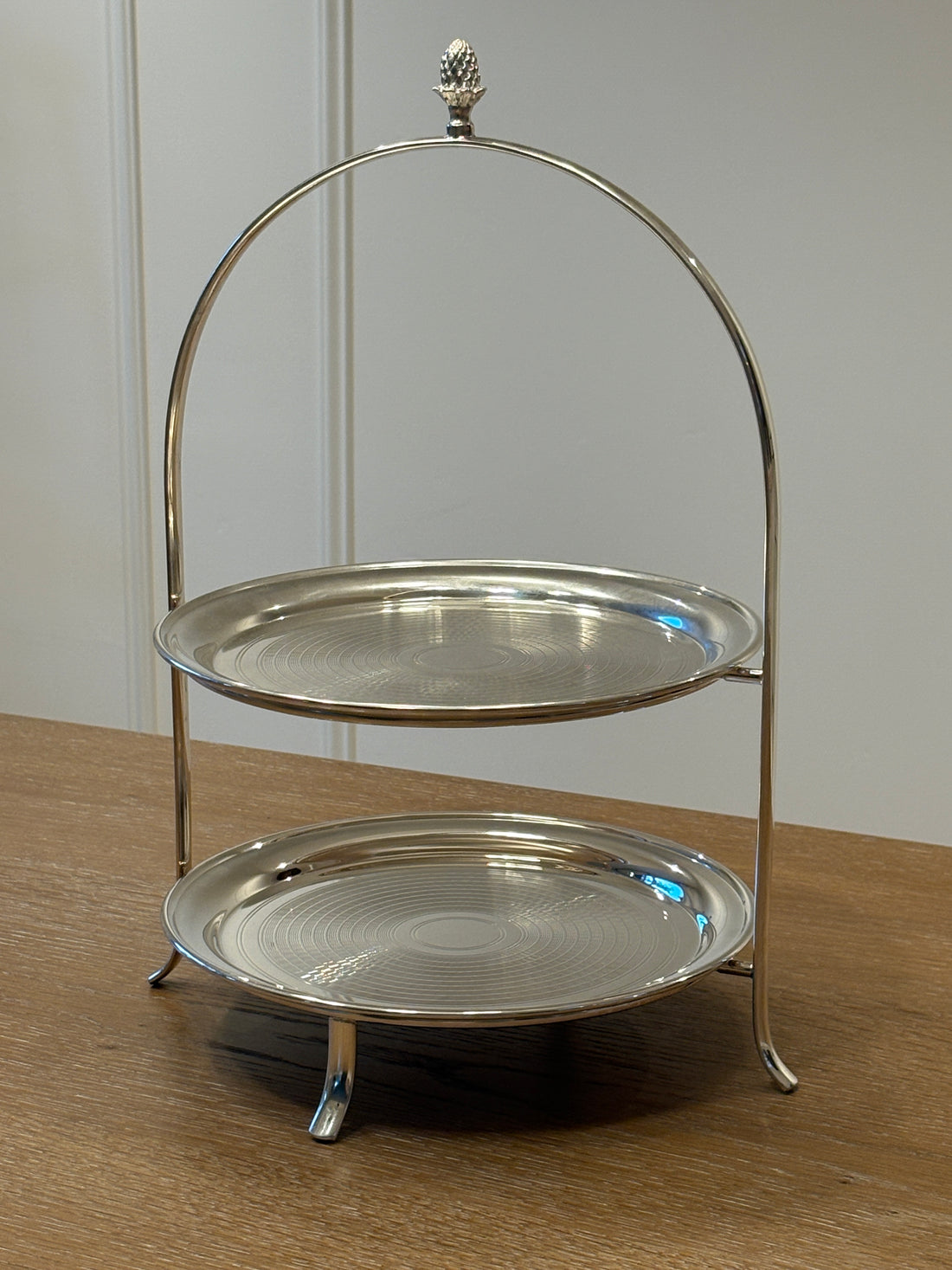 Tiered Silver Serving Stand with Engine Turned Plates and Acorn Finial C. 1960&