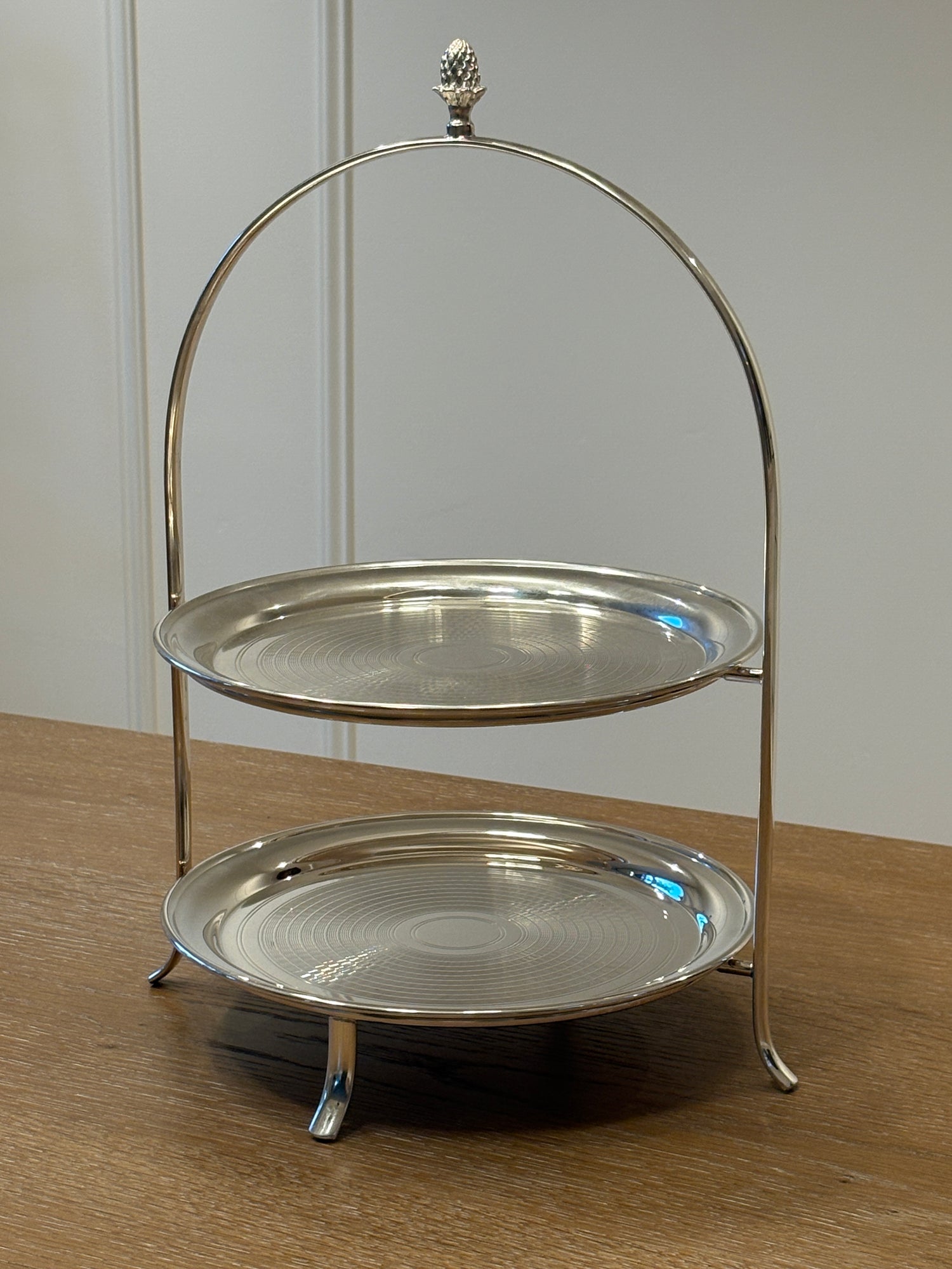 Tiered Silver Serving Stand with Engine Turned Plates and Acorn Finial C. 1960&
