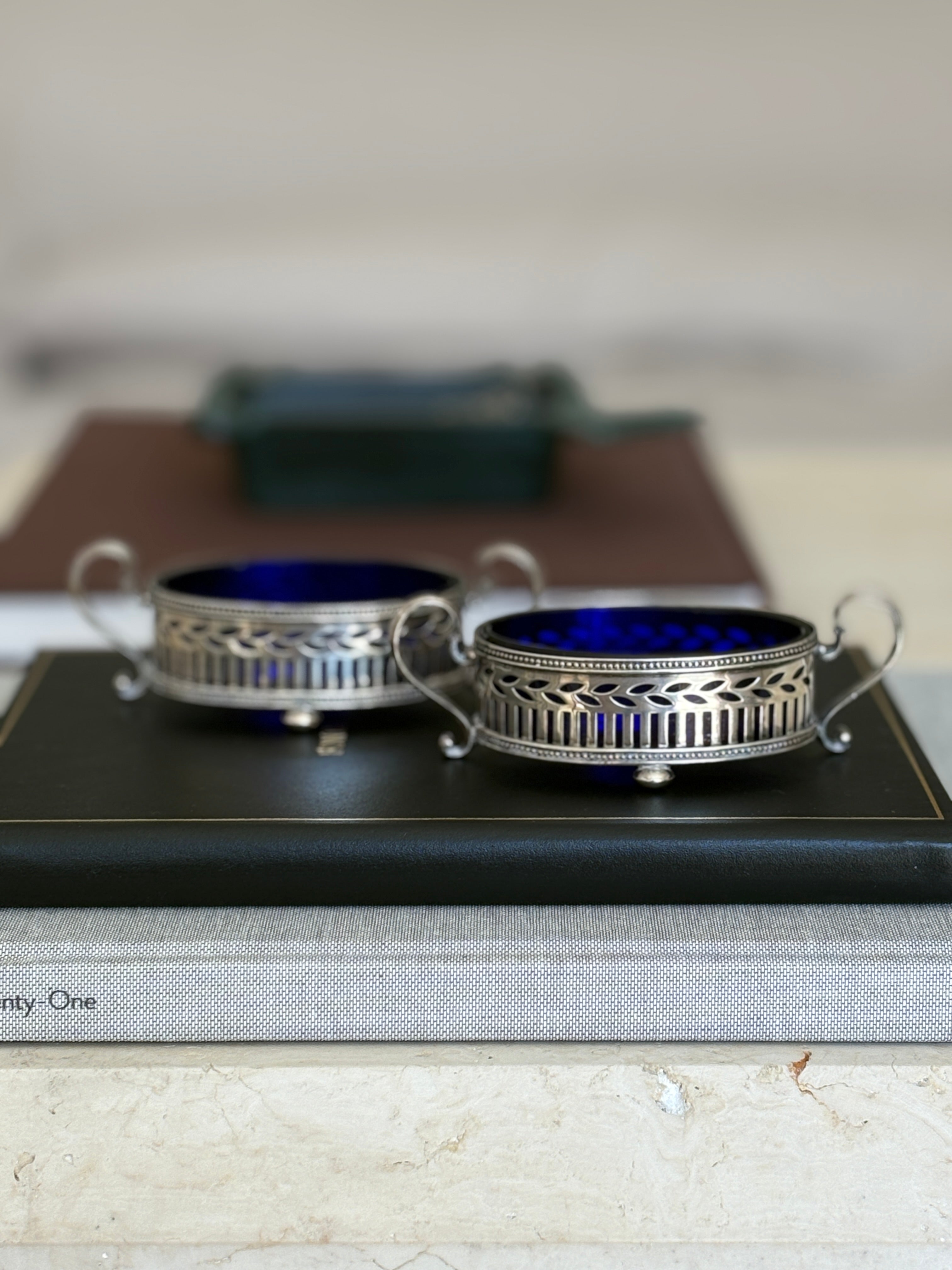 Tiffany &amp; Co. Sterling Silver Pierced Salt Cellars with Cobalt Liners | Collector Gene