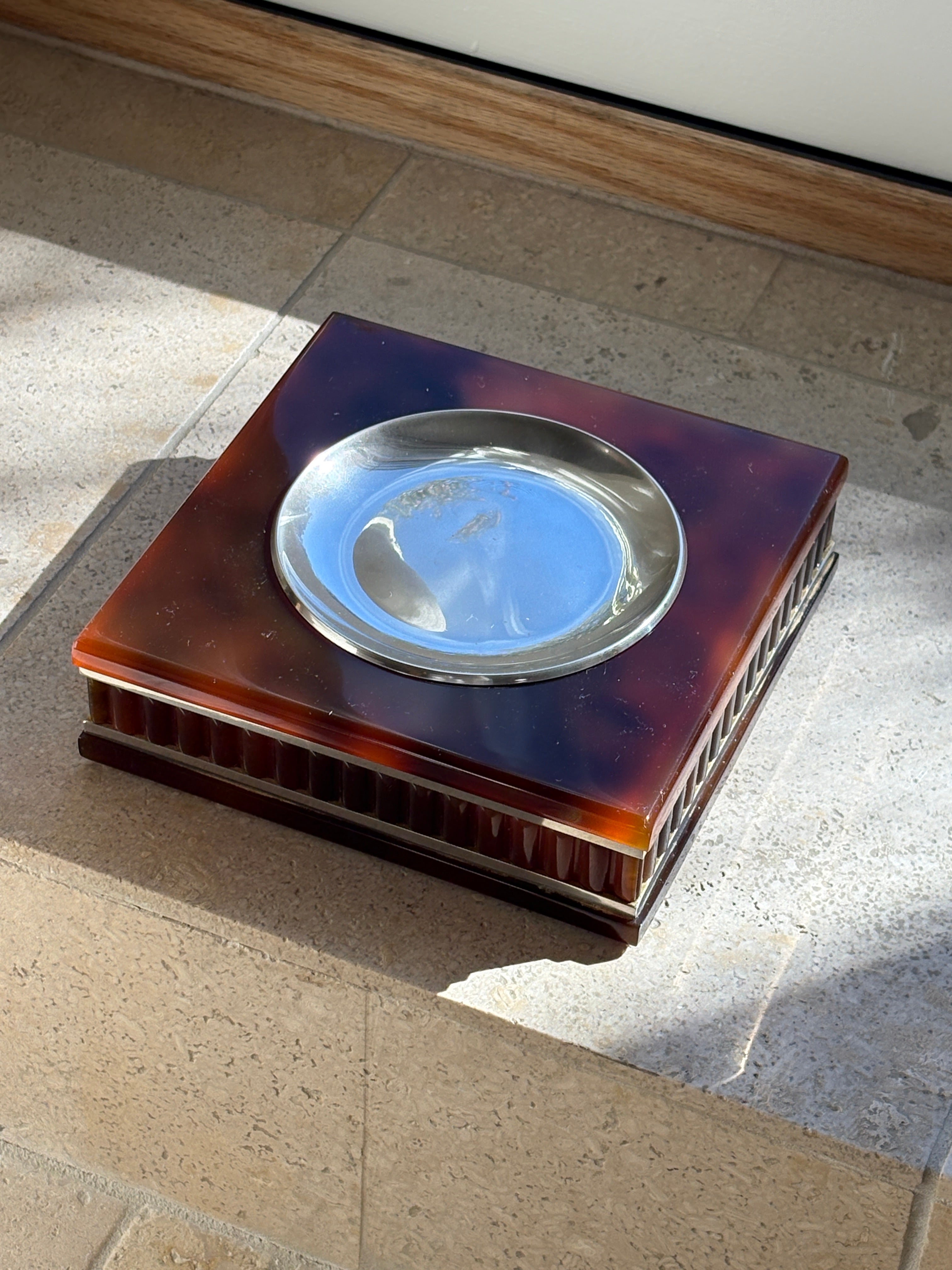 Tortoiseshell Catchall in Lucite with Chrome Dish - Italy 1970s | Collectors Gene