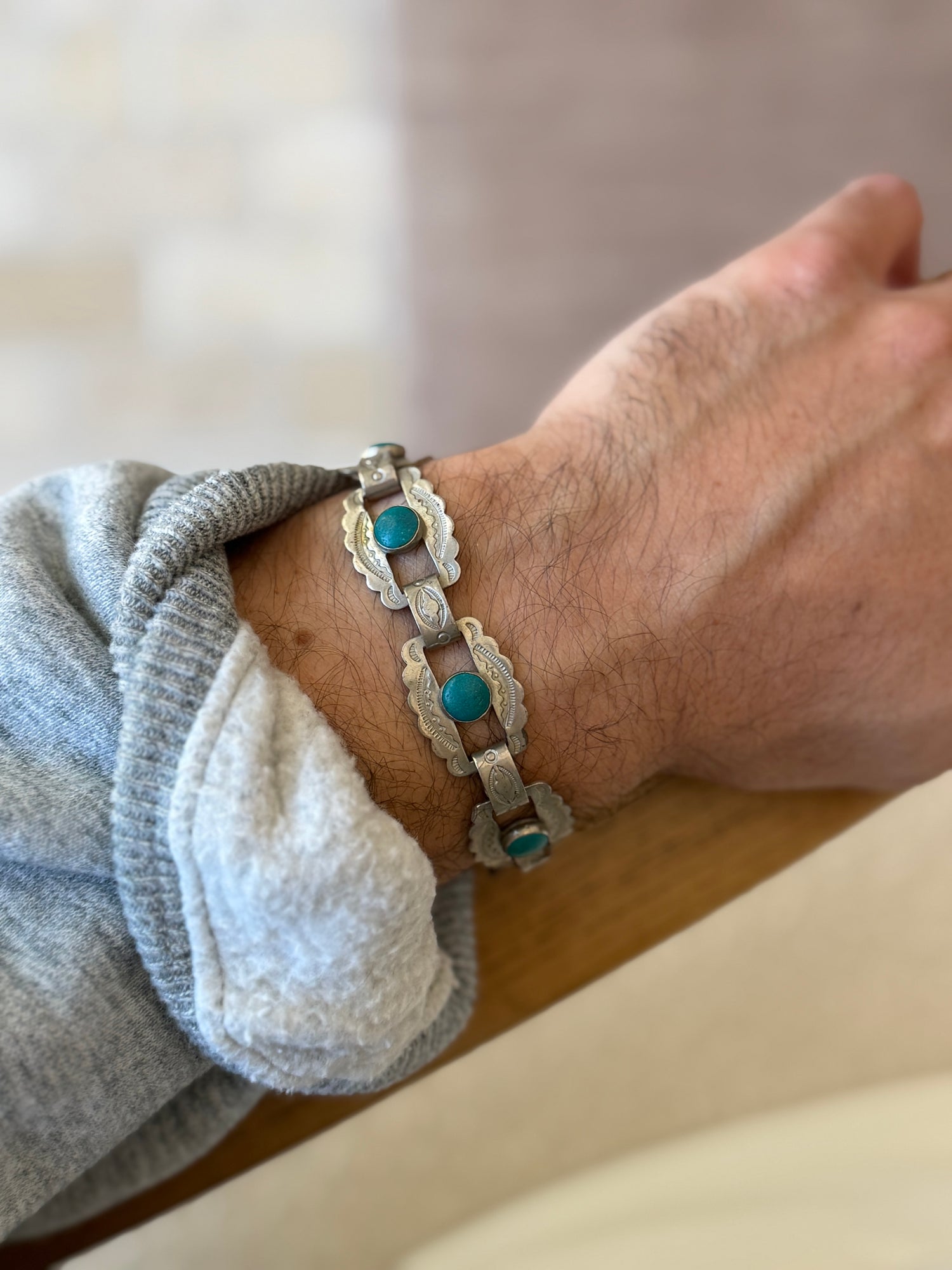 Turquoise Stamped Sterling Silver Southwestern Link Bracelet | Collectors Gene