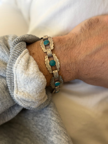 Turquoise Stamped Sterling Silver Southwestern Link Bracelet | Collectors Gene