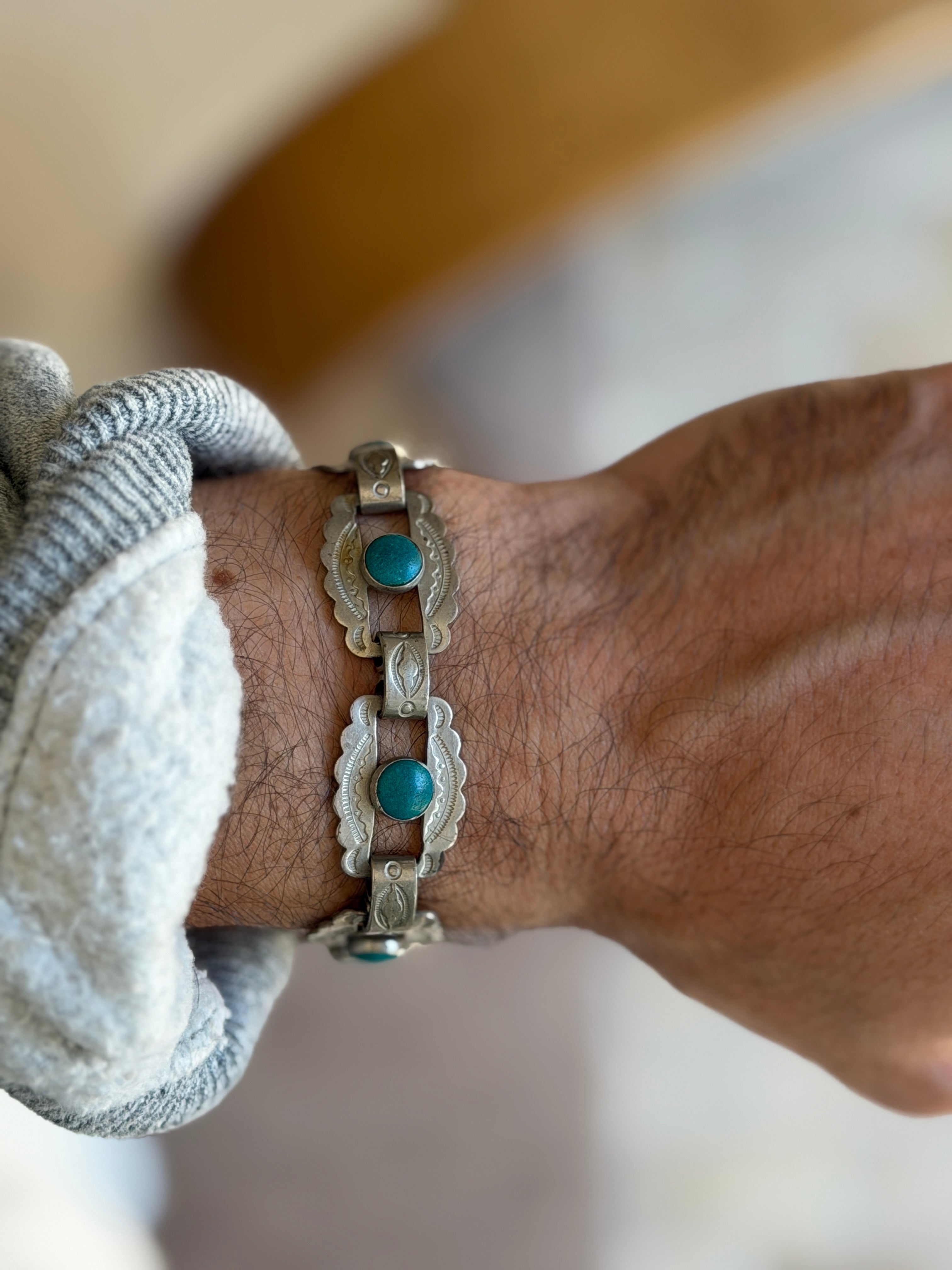 Turquoise Stamped Sterling Silver Southwestern Link Bracelet | Collectors Gene