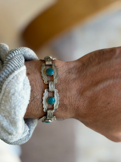 Turquoise Stamped Sterling Silver Southwestern Link Bracelet | Collectors Gene