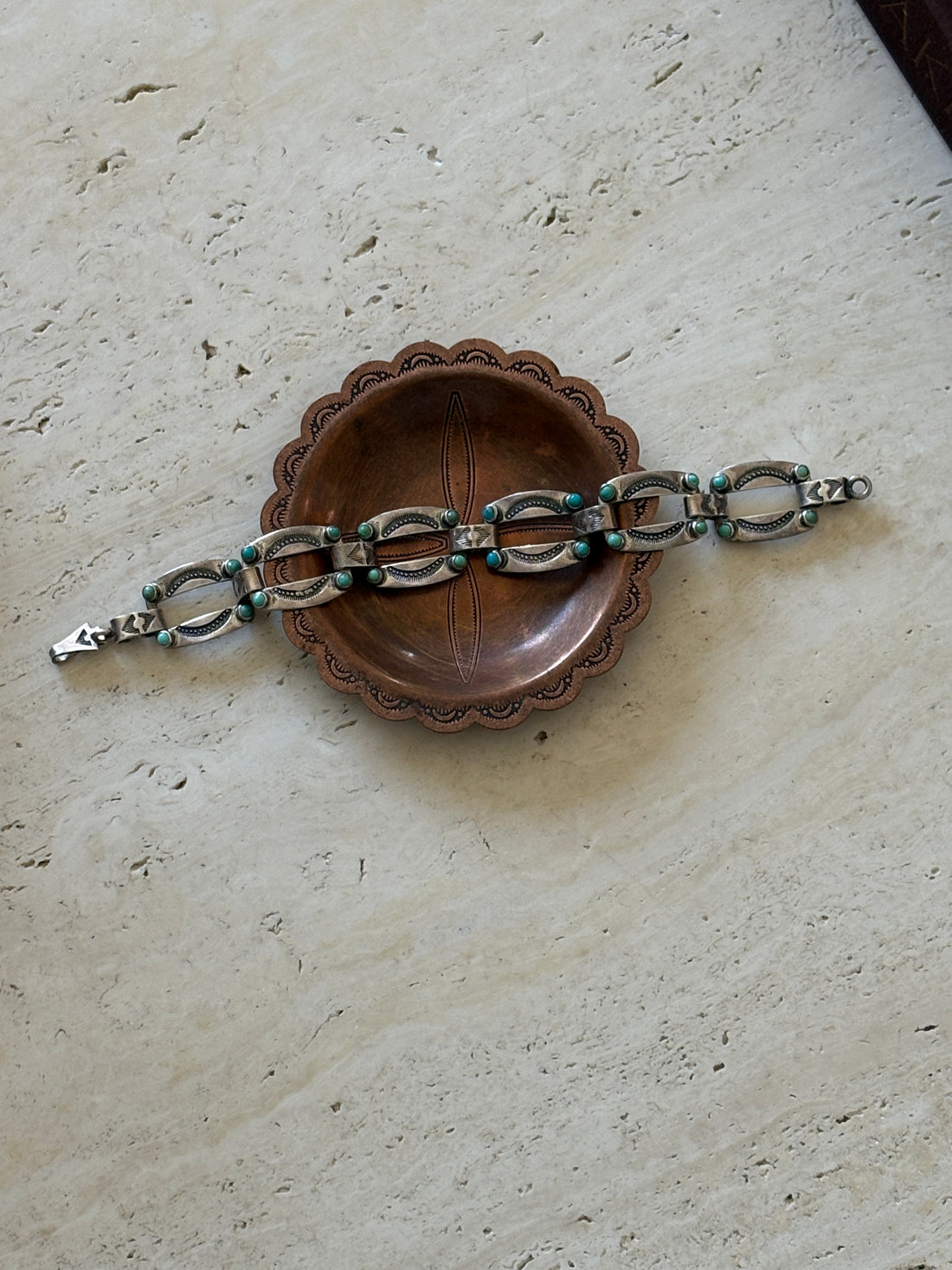 Turquoise and Sterling Silver Native American Stamped Link Bracelet | Collectors Gene