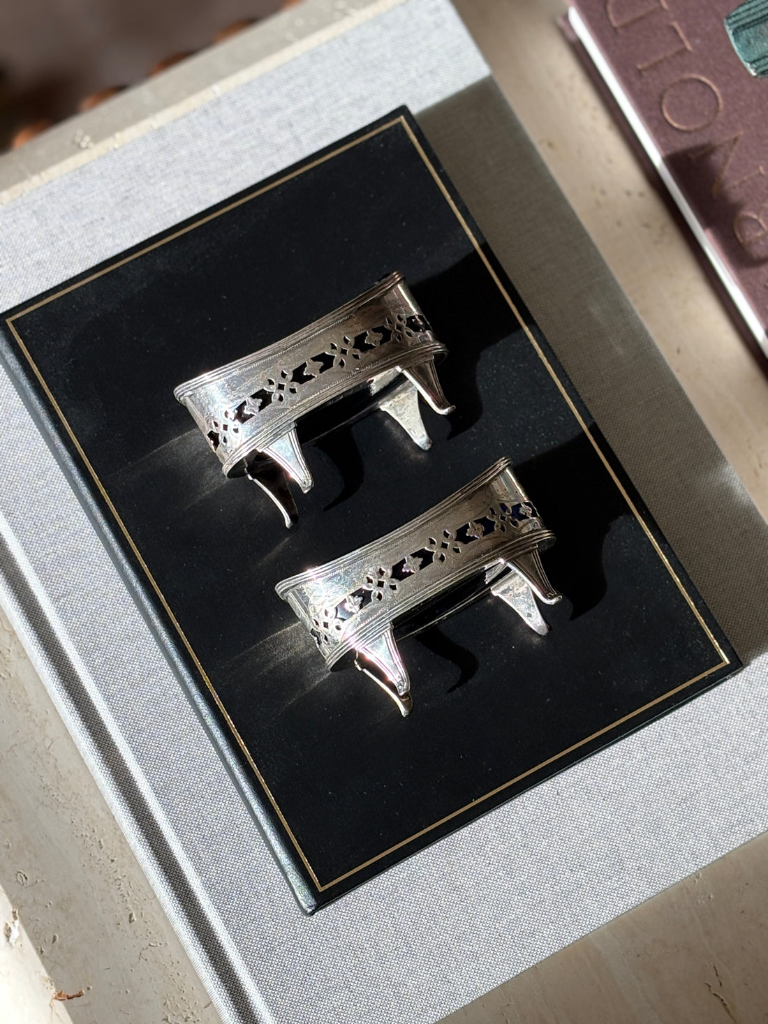 Victorian Salt Cellars with Decorated Piercing &amp; Cobalt Liners in Sterling Silver by Thomas Bradbury &amp; Sons - London, Late 19th Century | Collectors Gene