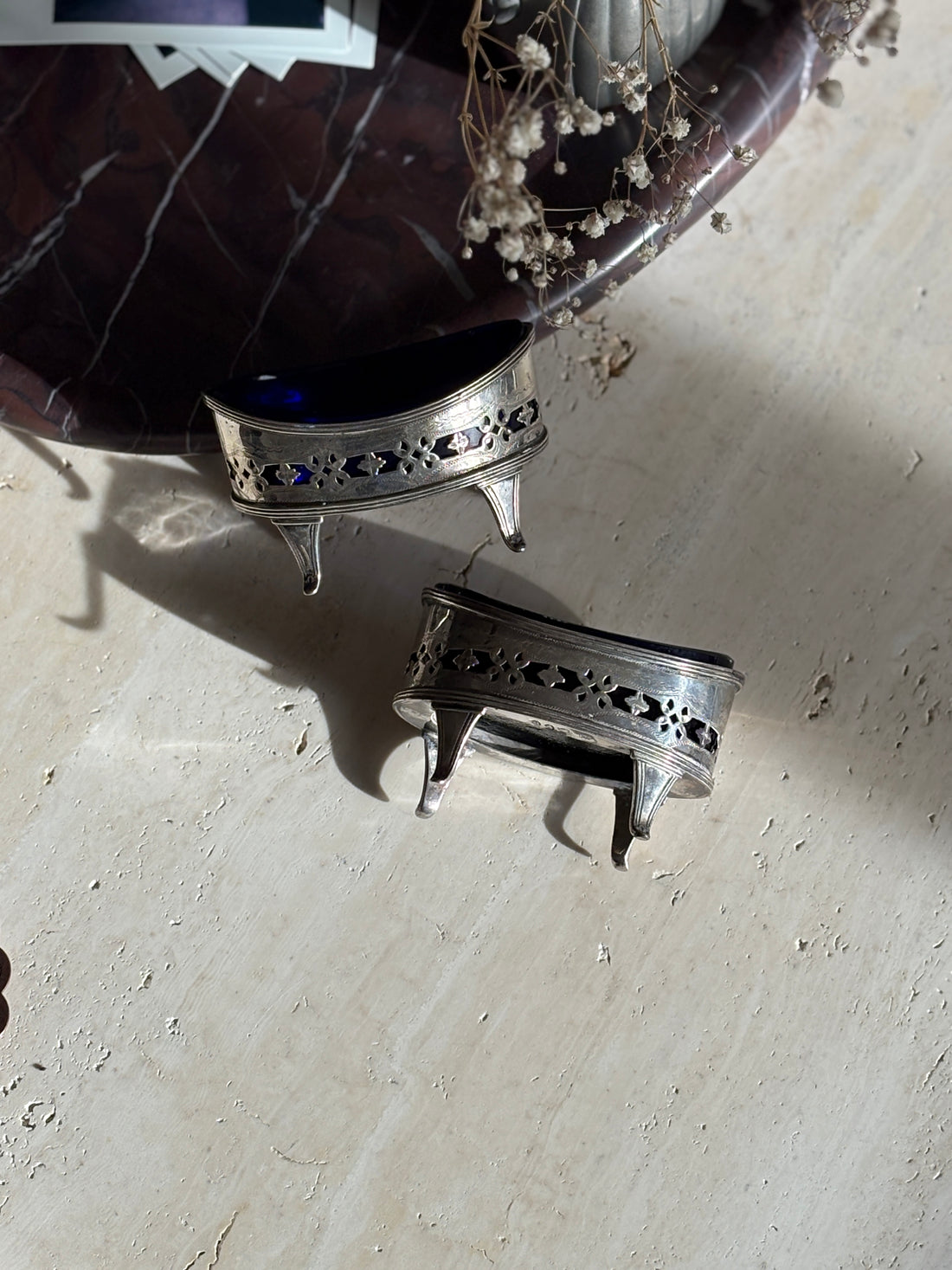 Victorian Salt Cellars with Decorated Piercing &amp; Cobalt Liners in Sterling Silver by Thomas Bradbury &amp; Sons - London, Late 19th Century | Collectors Gene