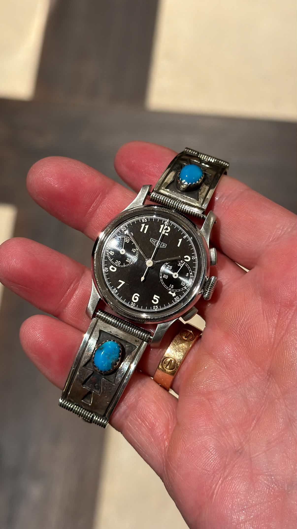 Vintage 1940s Heuer 32mm Chronograph with Turquoise Sterling Bracelet