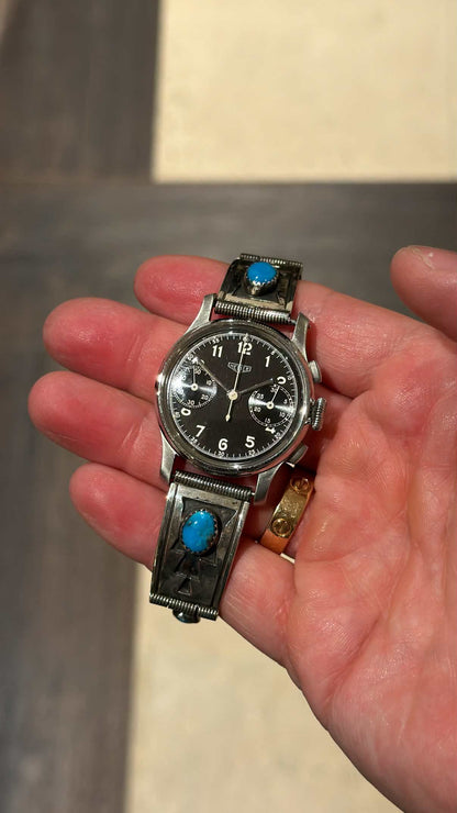 Vintage 1940s Heuer 32mm Chronograph with Turquoise Sterling Bracelet