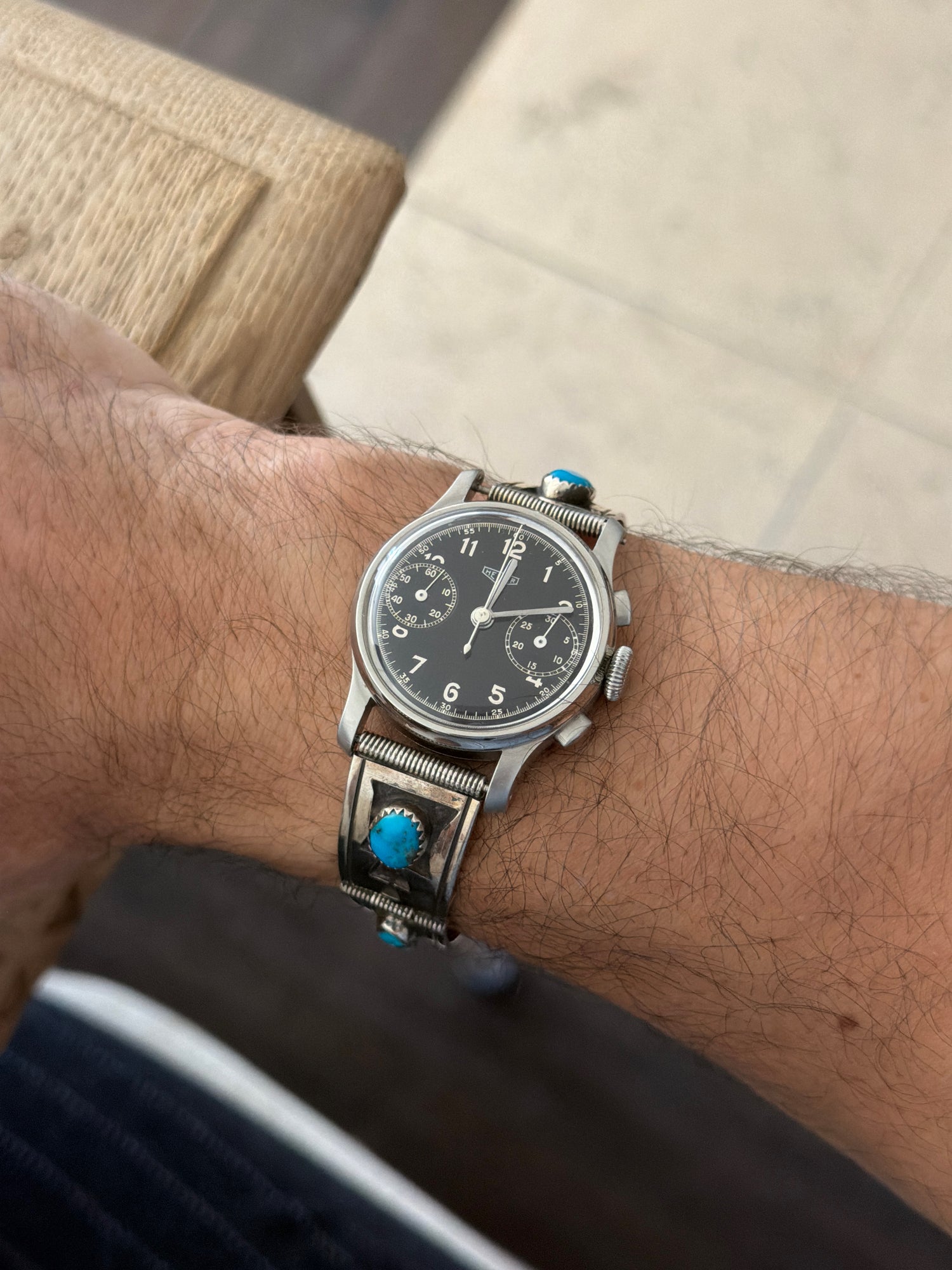 Vintage 1940s Heuer 32mm Chronograph with Turquoise Sterling Bracelet